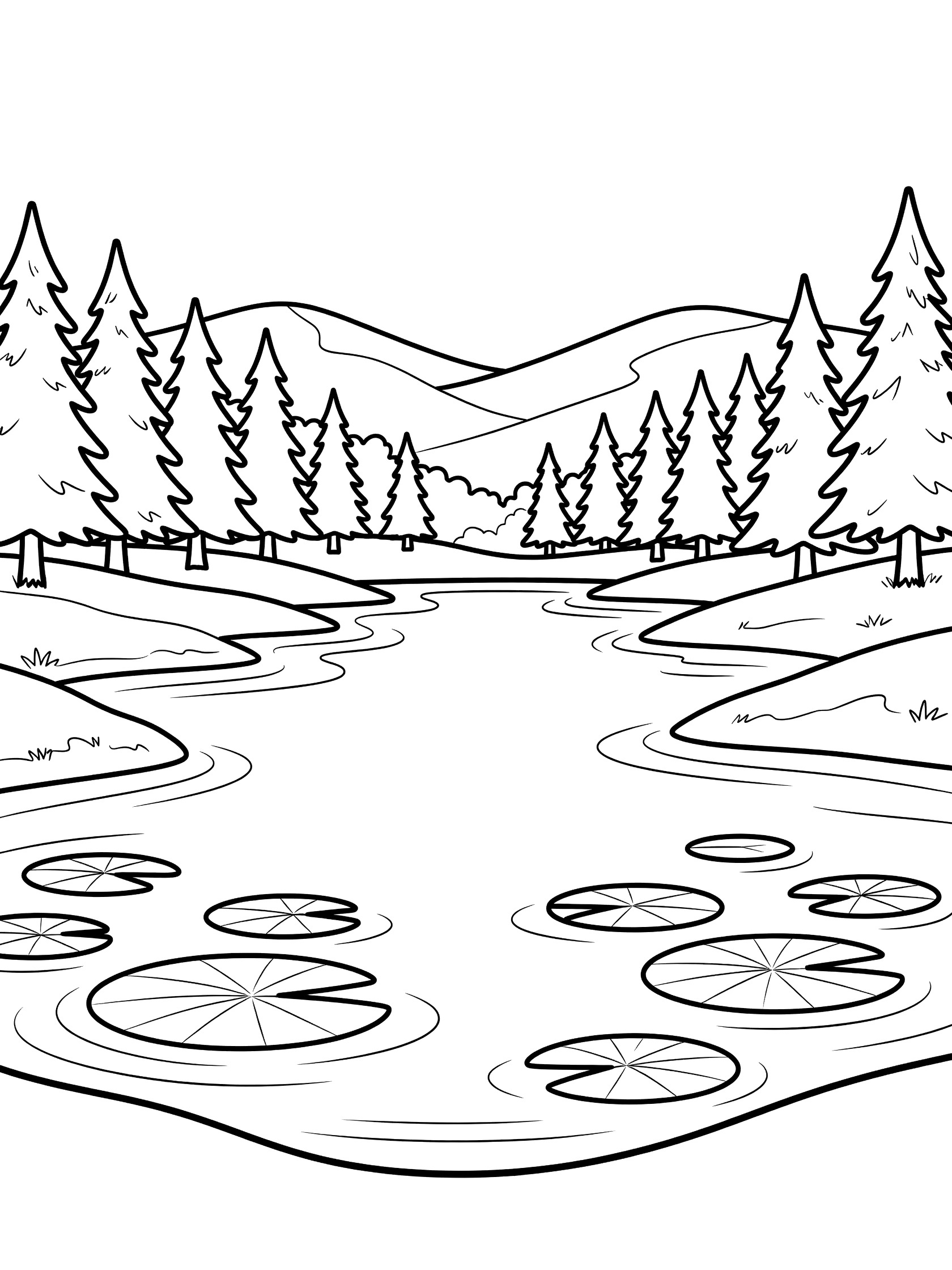 Black and white coloring page of a winding river in mountains surrounded by pine trees and lily pads on the water. Scenic Lakes themed black and white printable line art