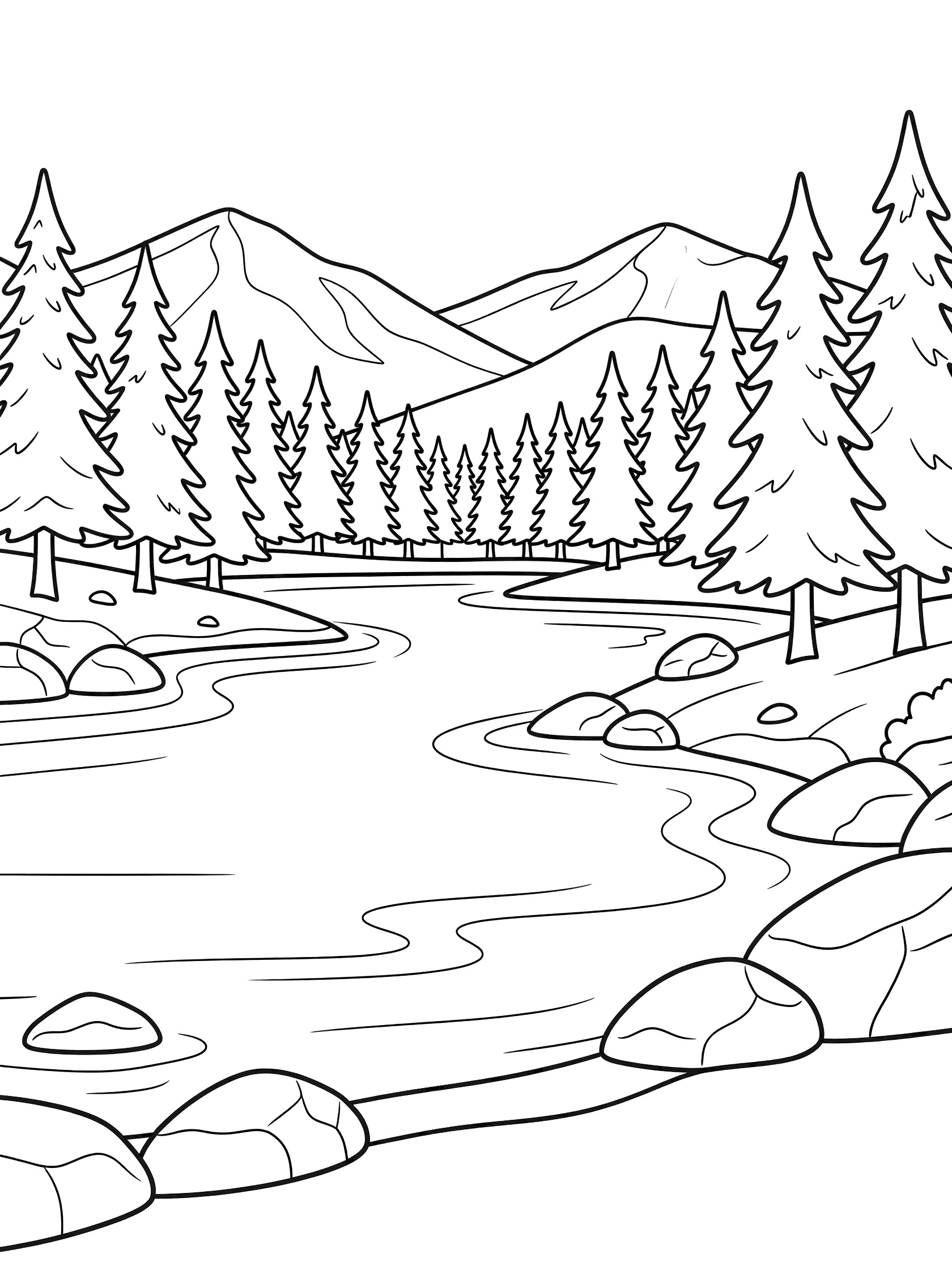 Black and white line drawing of a river flowing through pine trees with rocky banks and mountains in the background. Lake Tahoe themed black and white printable line art