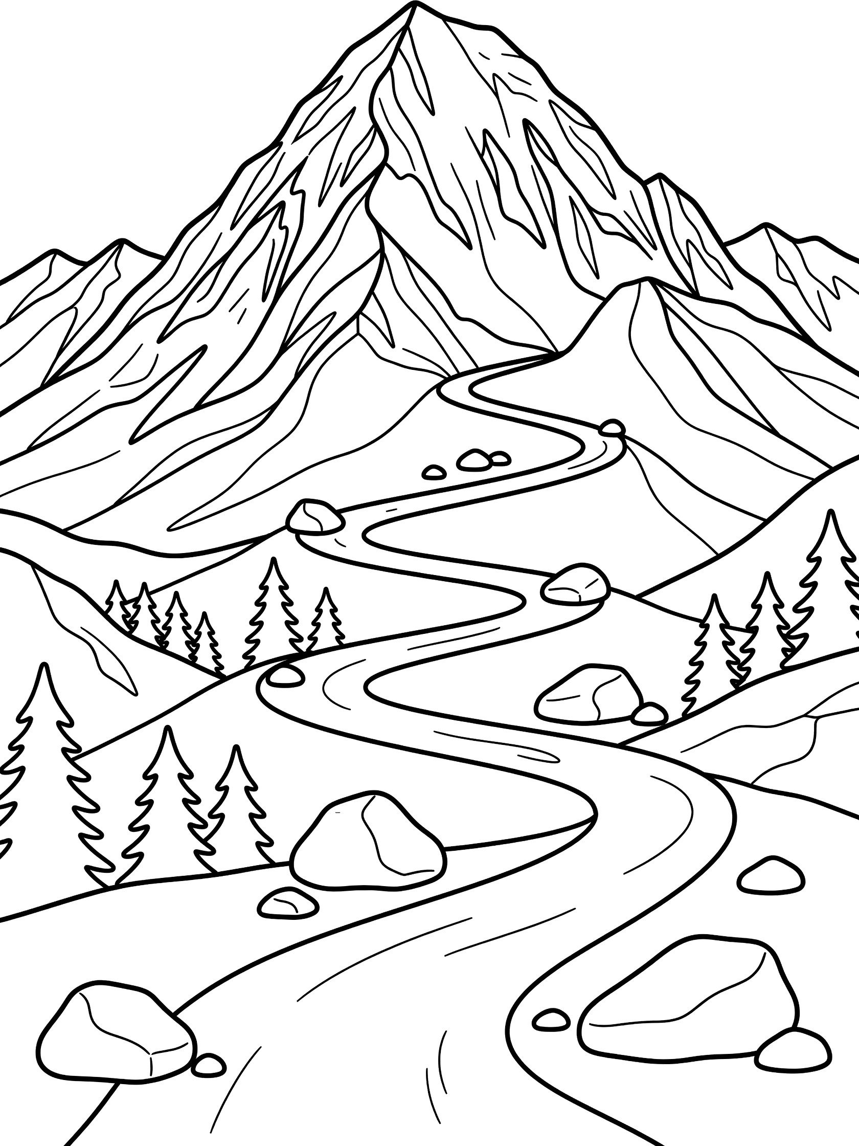 Black and white line art coloring page showing a tall jagged mountain peak above a curvy switchback road with rocks and pine trees on the slopes. Mount Kailash themed black and white printable line art