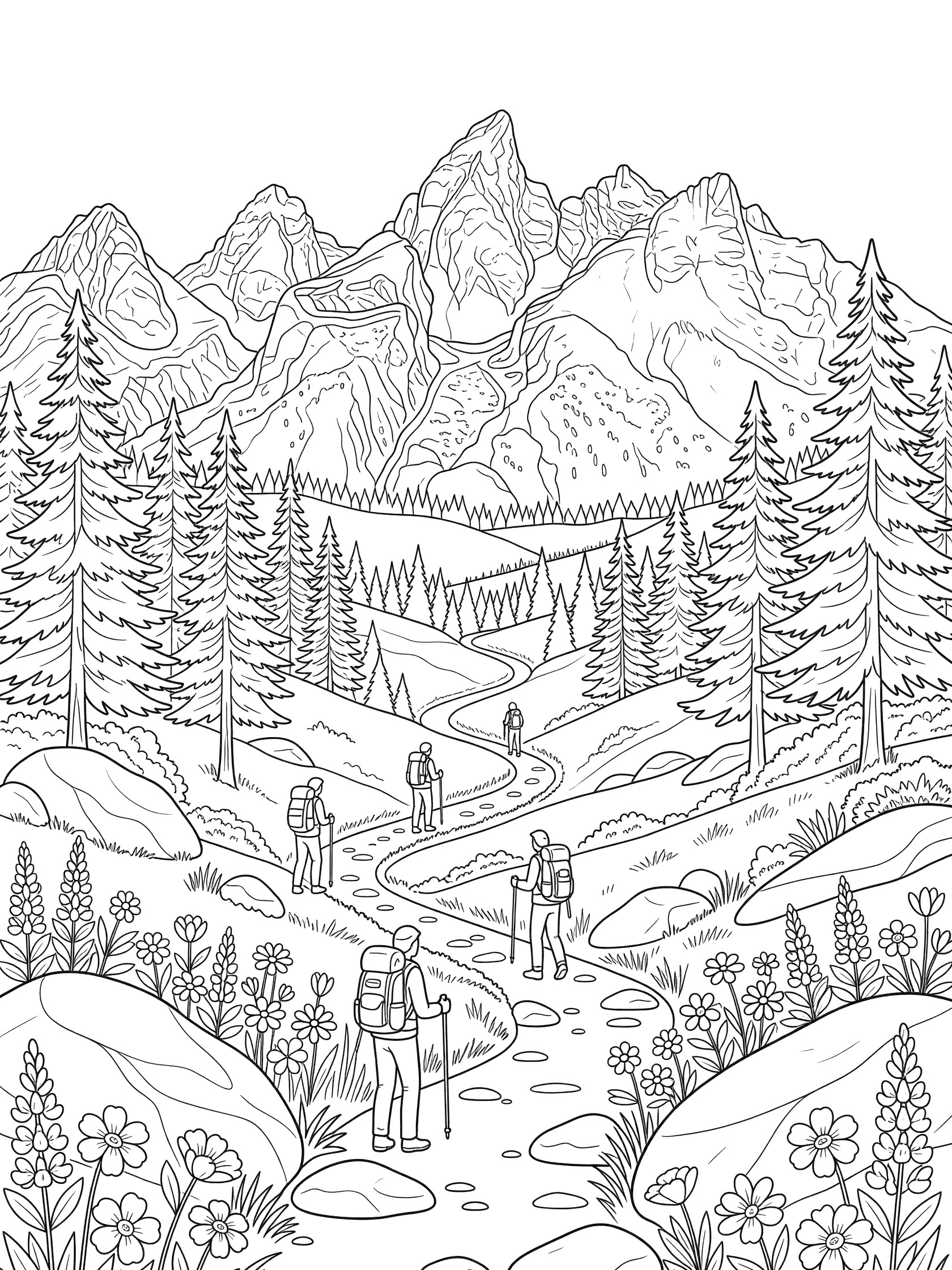 Black and white line art coloring page showing hikers with backpacks walking a curvy trail toward jagged mountain peaks, surrounded by pine trees, rocks, and flowers. Grand Teton themed black and white printable line art