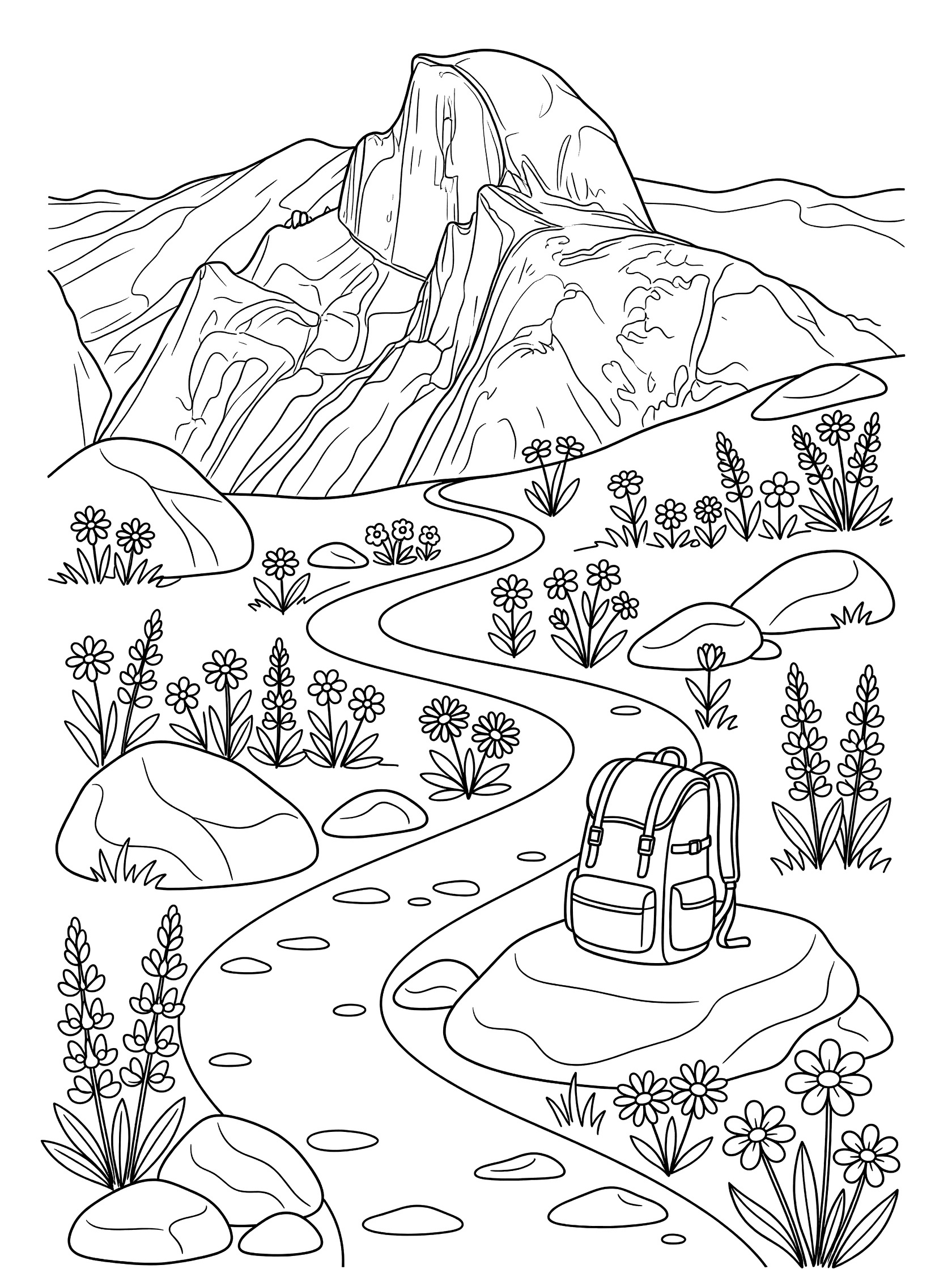 Black and white line art coloring page showing a curvy hiking trail leading to a big dome-shaped mountain, with flowers, boulders, and a backpack resting on a rock. Half Dome themed black and white printable line art