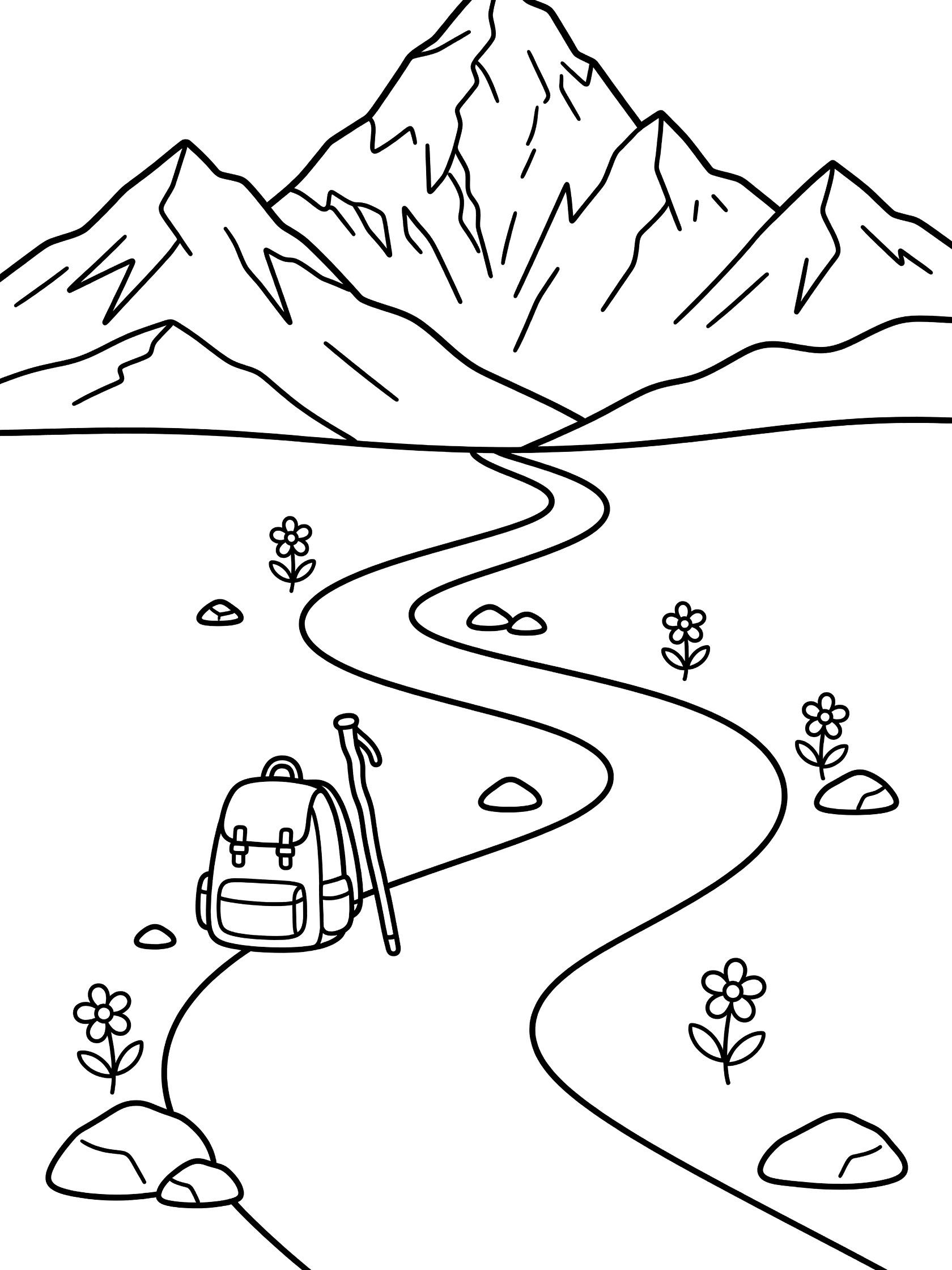 Black and white line art coloring page showing a curvy trail with backpack and walking stick leading to tall jagged mountains, scattered rocks and simple flowers. K2 themed black and white printable line art