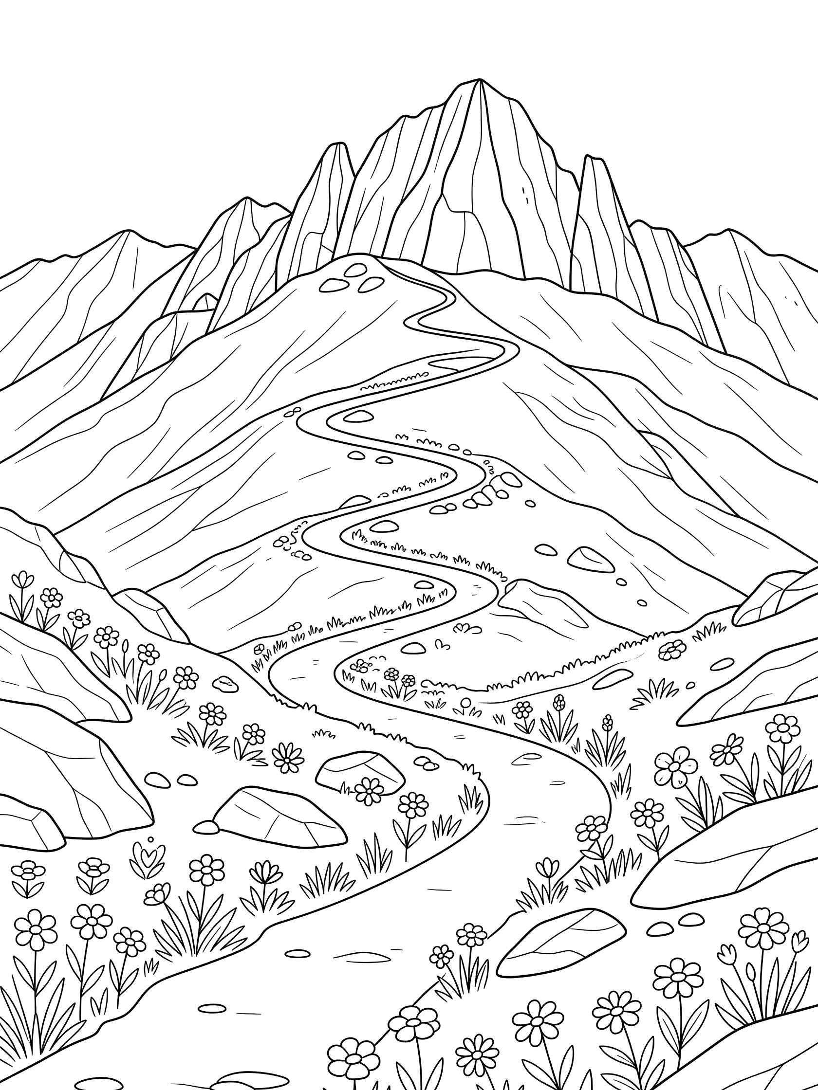 Black and white line art of a curvy trail leading up a jagged mountain peak, lined with flowers and boulders. Mount Whitney themed black and white printable line art