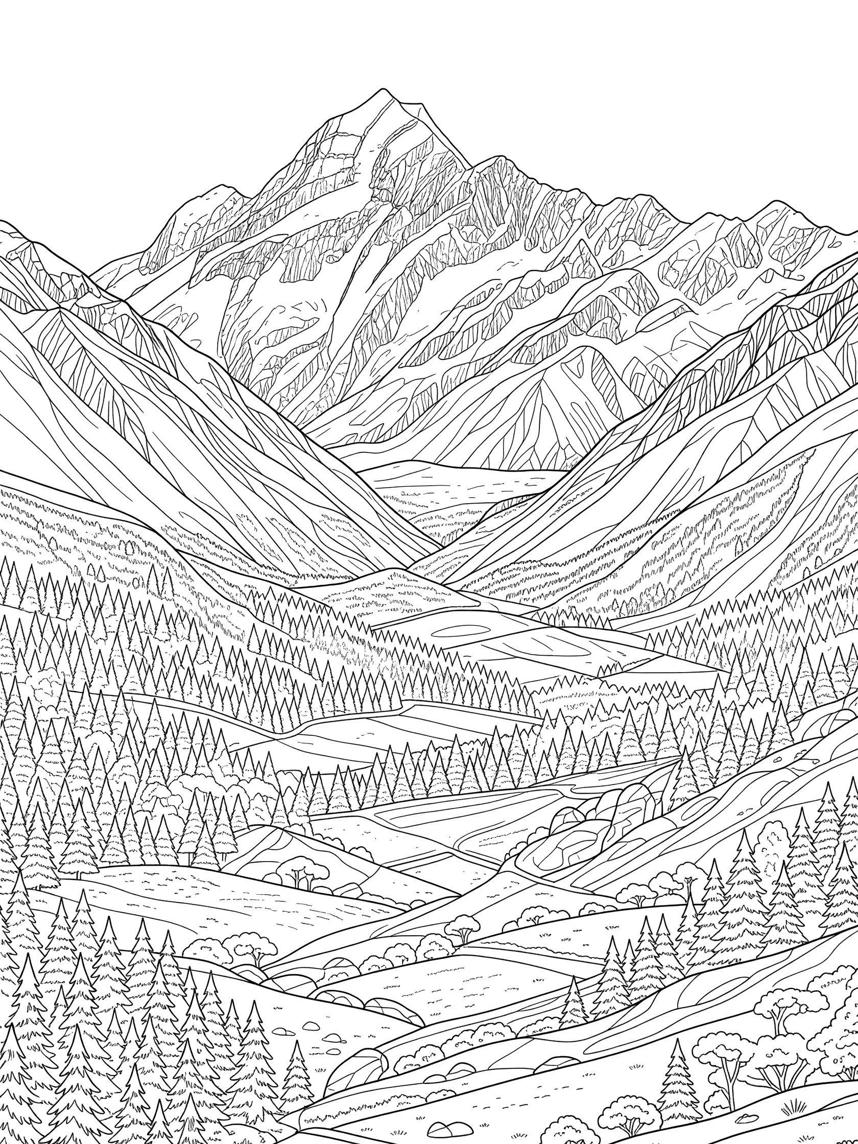 Black and white line art coloring page showing a tall jagged mountain dominating a valley with layered ridges, evergreen trees, and patterned meadows below. Mount Cook themed black and white printable line art