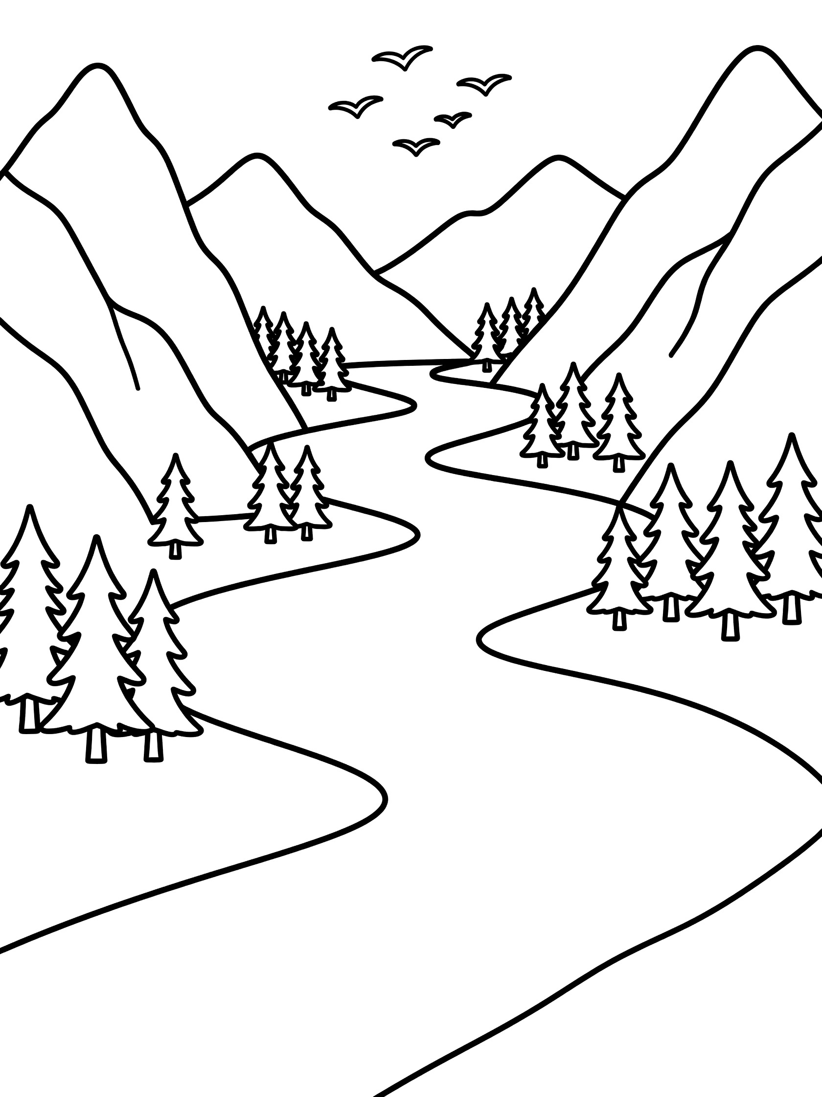 Black and white line art coloring page of a curving river through a mountain valley with pine trees and flying birds. Yangtze River themed black and white printable line art