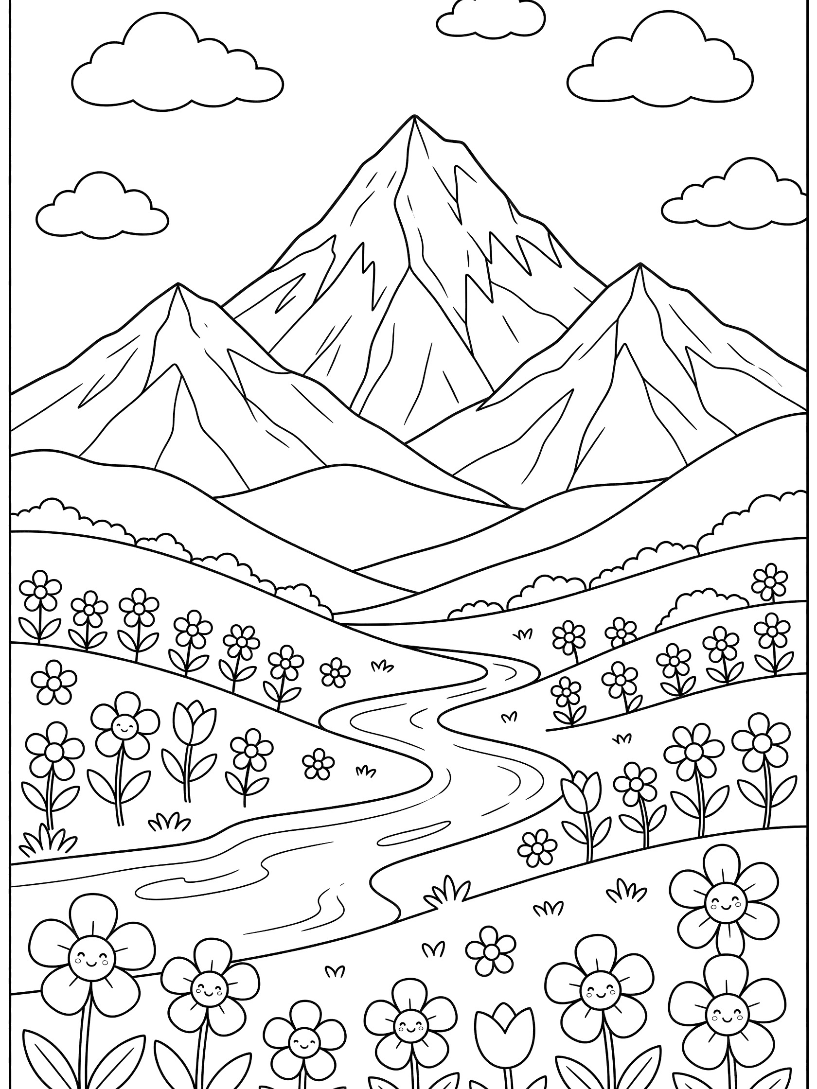 Printable coloring page showing a big pointed mountain peak over a valley with a curvy river, clusters of smiling flowers, small trees, rolling hills, and round clouds in the sky. Makalu themed black and white printable line art