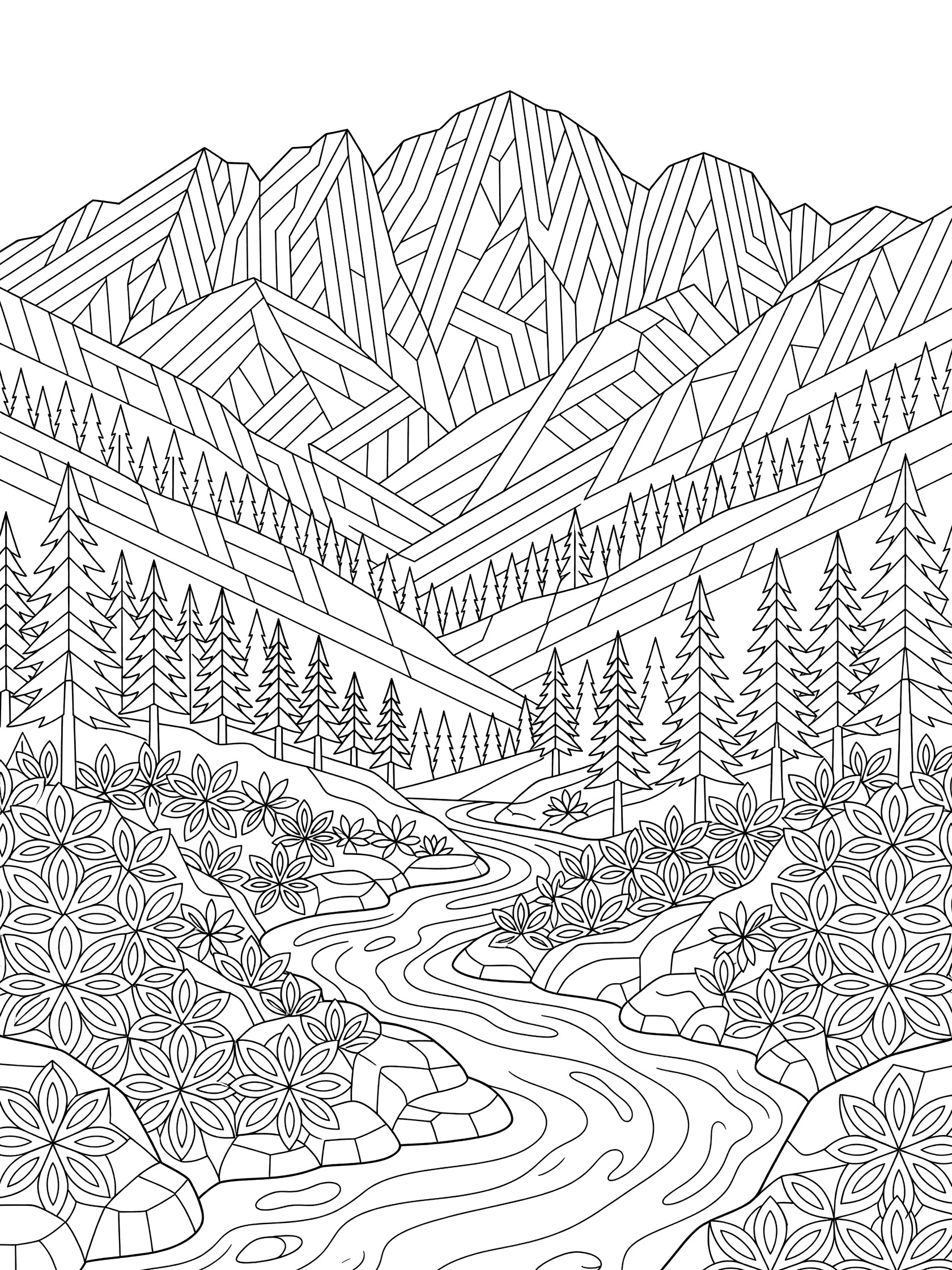Black and white line art coloring page showing tall geometric mountains, pine trees on slopes, meandering river with rocks, and detailed flower shapes in the valley. Mount Whitney themed black and white printable line art