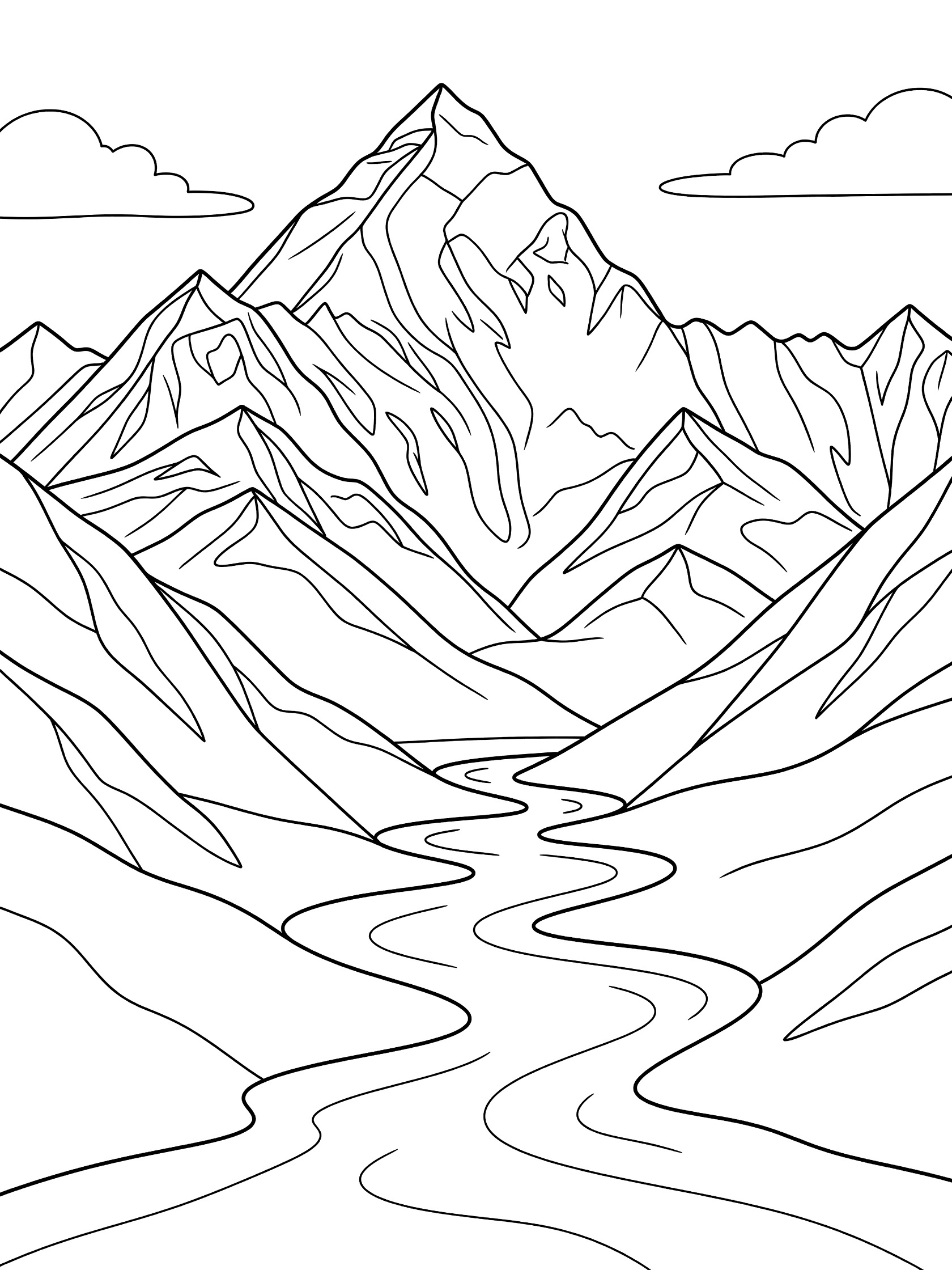 Black and white line art coloring page showing a tall jagged mountain peak with surrounding rugged mountains, a winding river in the valley below, and fluffy clouds in the sky. Mount Everest themed black and white printable line art