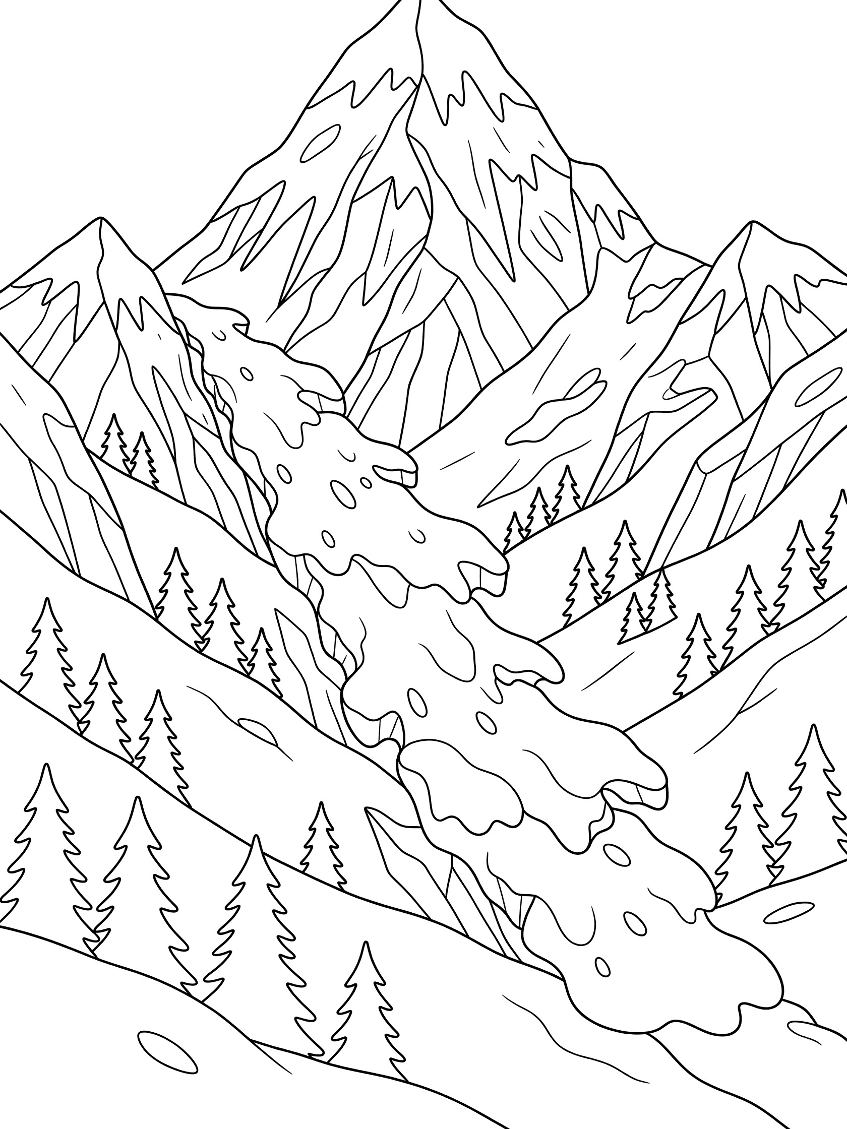 Black and white line art coloring page showing a jagged snowy mountain peak, a large waterfall tumbling down the slope, and scattered pine trees on the lower hills. Avalanche themed black and white printable line art