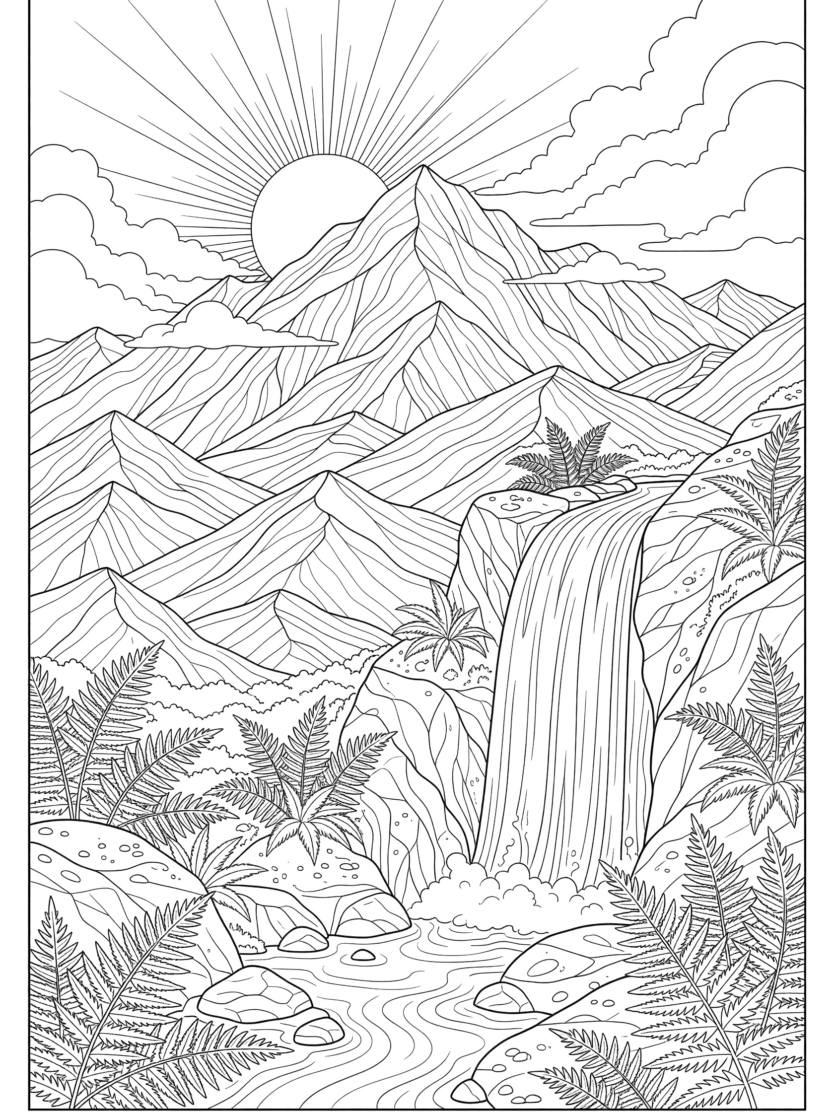 Black and white line art coloring page of tall layered mountains with a cascading waterfall, bright rising sun, fluffy clouds, ferns, rocks, and a flowing stream at the base. Mount Olympus themed black and white printable line art