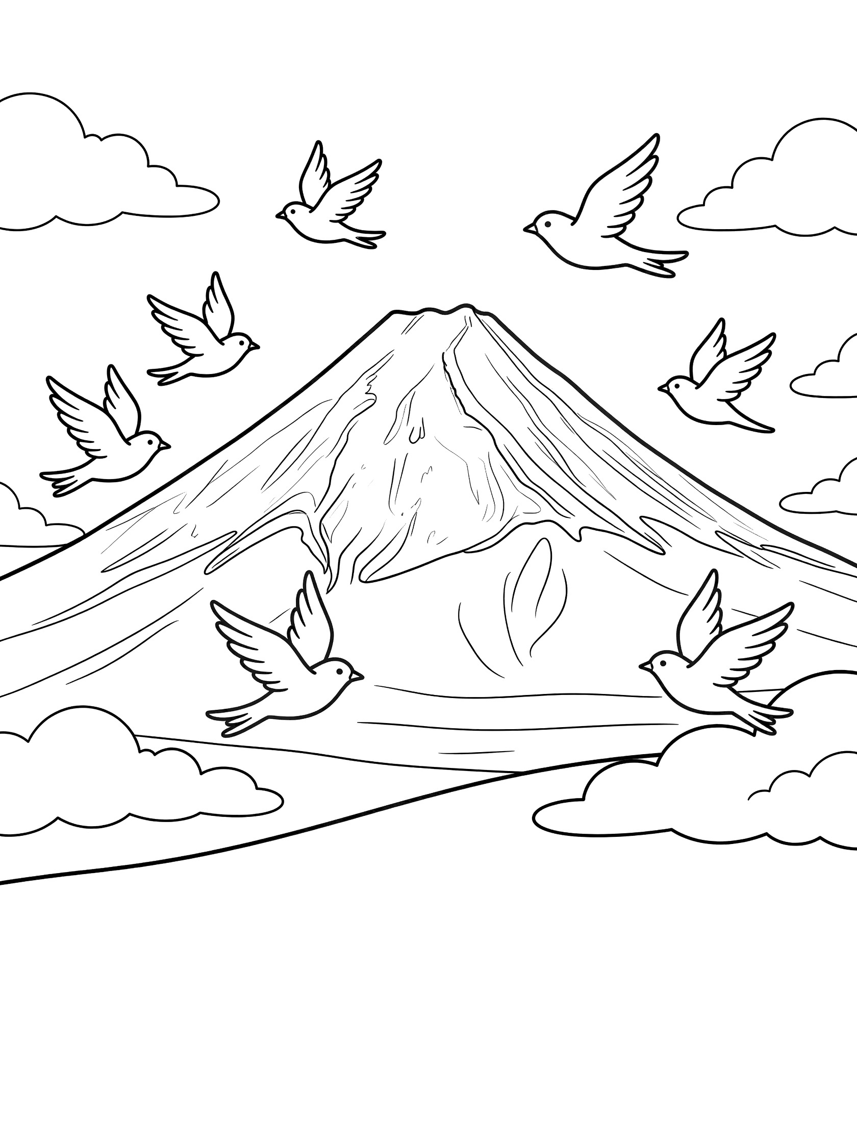 Printable coloring page showing a large mountain peak with several birds flying nearby and fluffy clouds in the sky. Mount Fuji themed black and white printable line art
