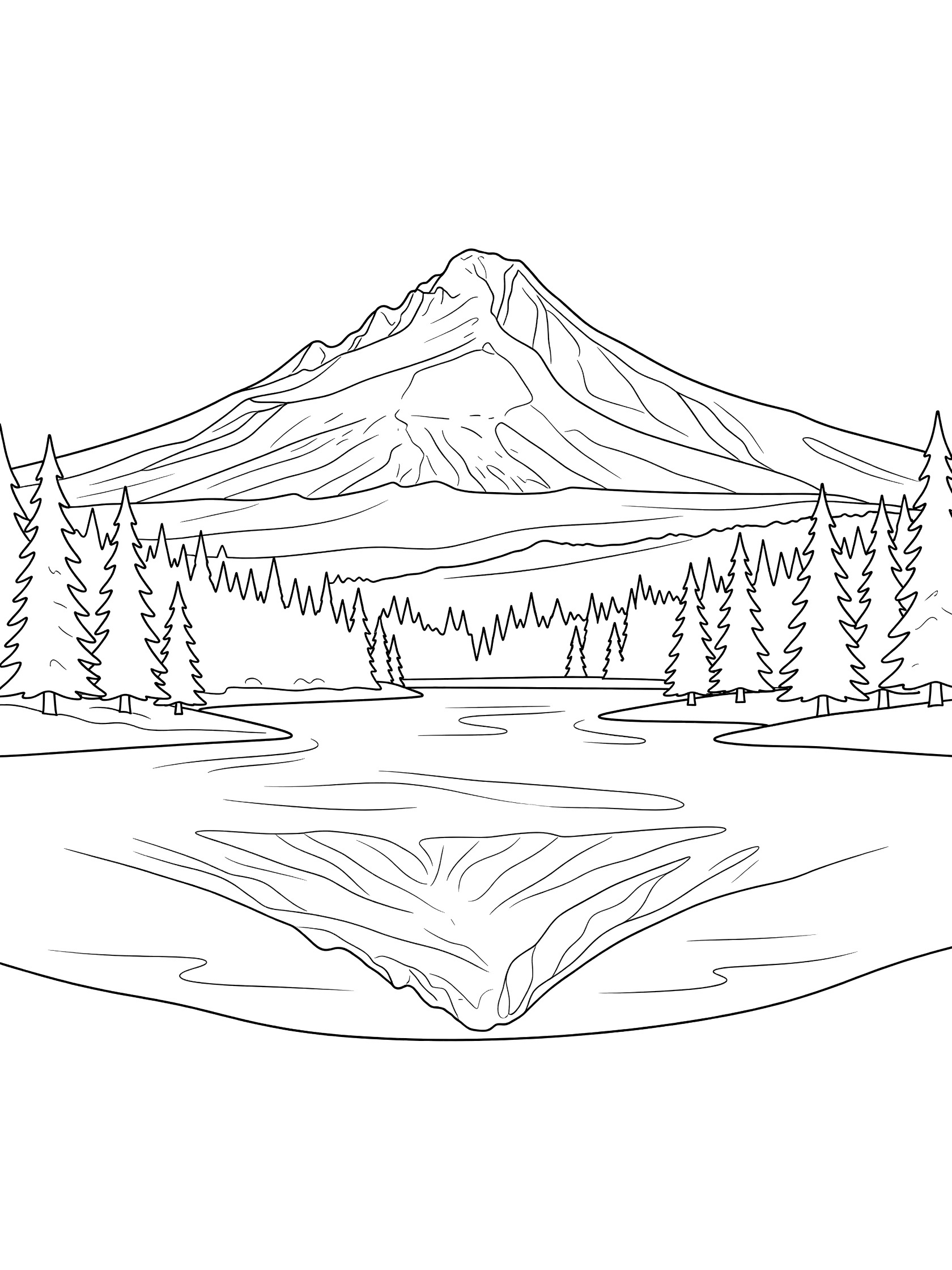 Line art coloring page showing a snowy mountain reflected in a lake surrounded by simple pine trees. Mount Hood themed black and white printable line art