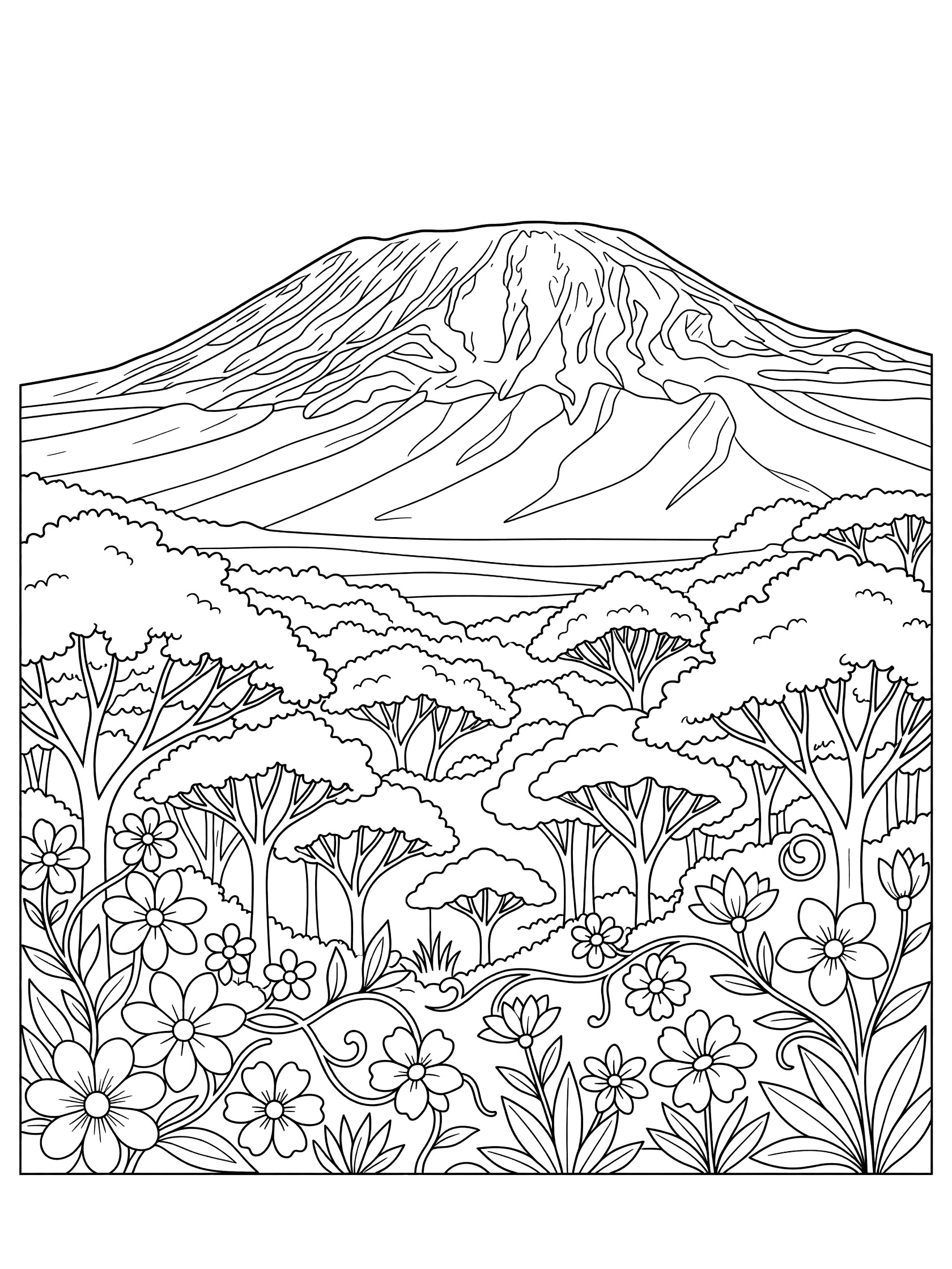 Black and white line art coloring page showing a large mountain peak in the background, clusters of trees on the lower slopes, and flowers with vines in the foreground. Mount Kilimanjaro themed black and white printable line art