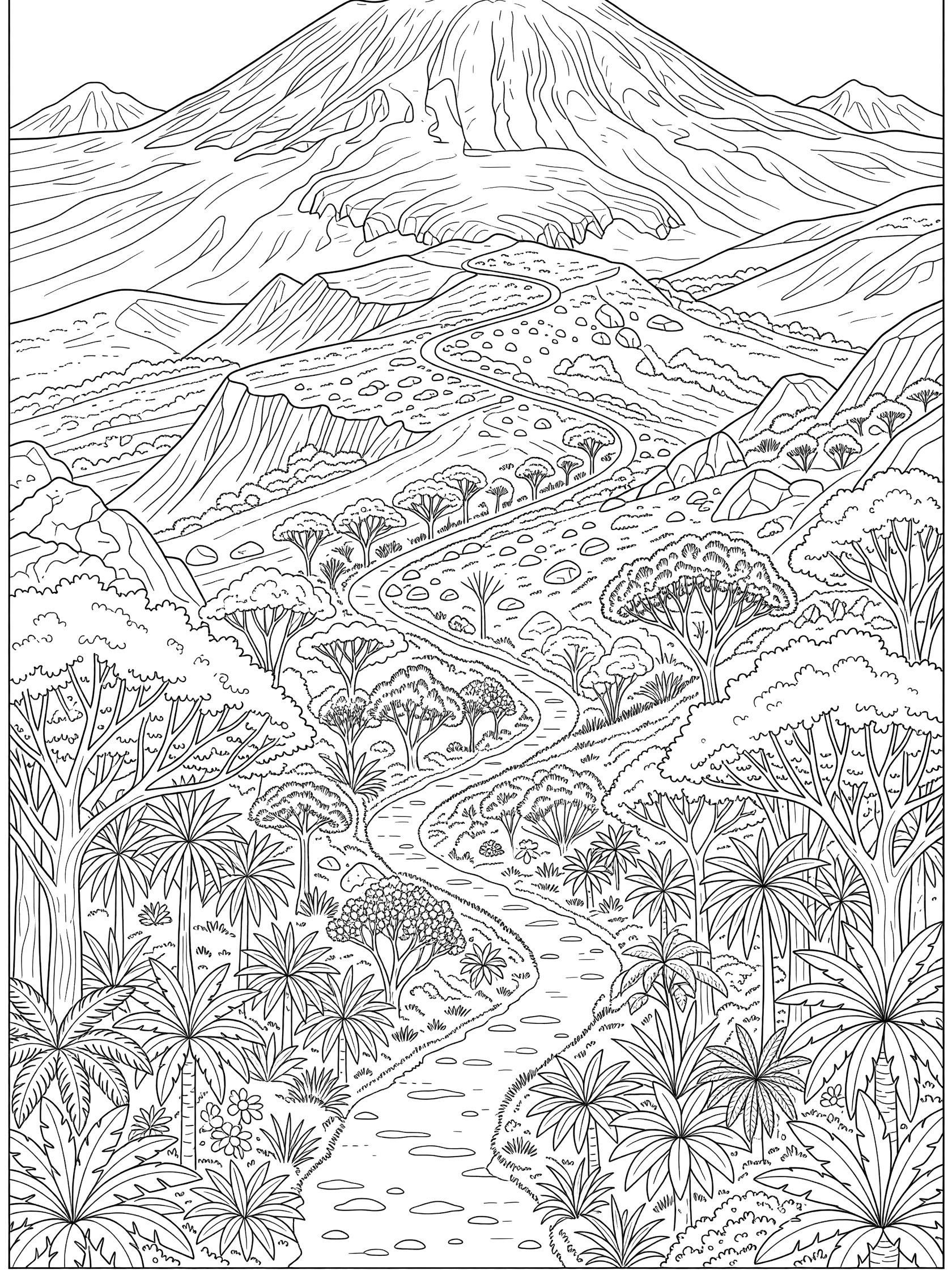 Black and white line art of a tall mountain peak with a curving path leading up through forest trees, bushes, rocky areas, and snowy glaciers. Mount Kilimanjaro themed black and white printable line art