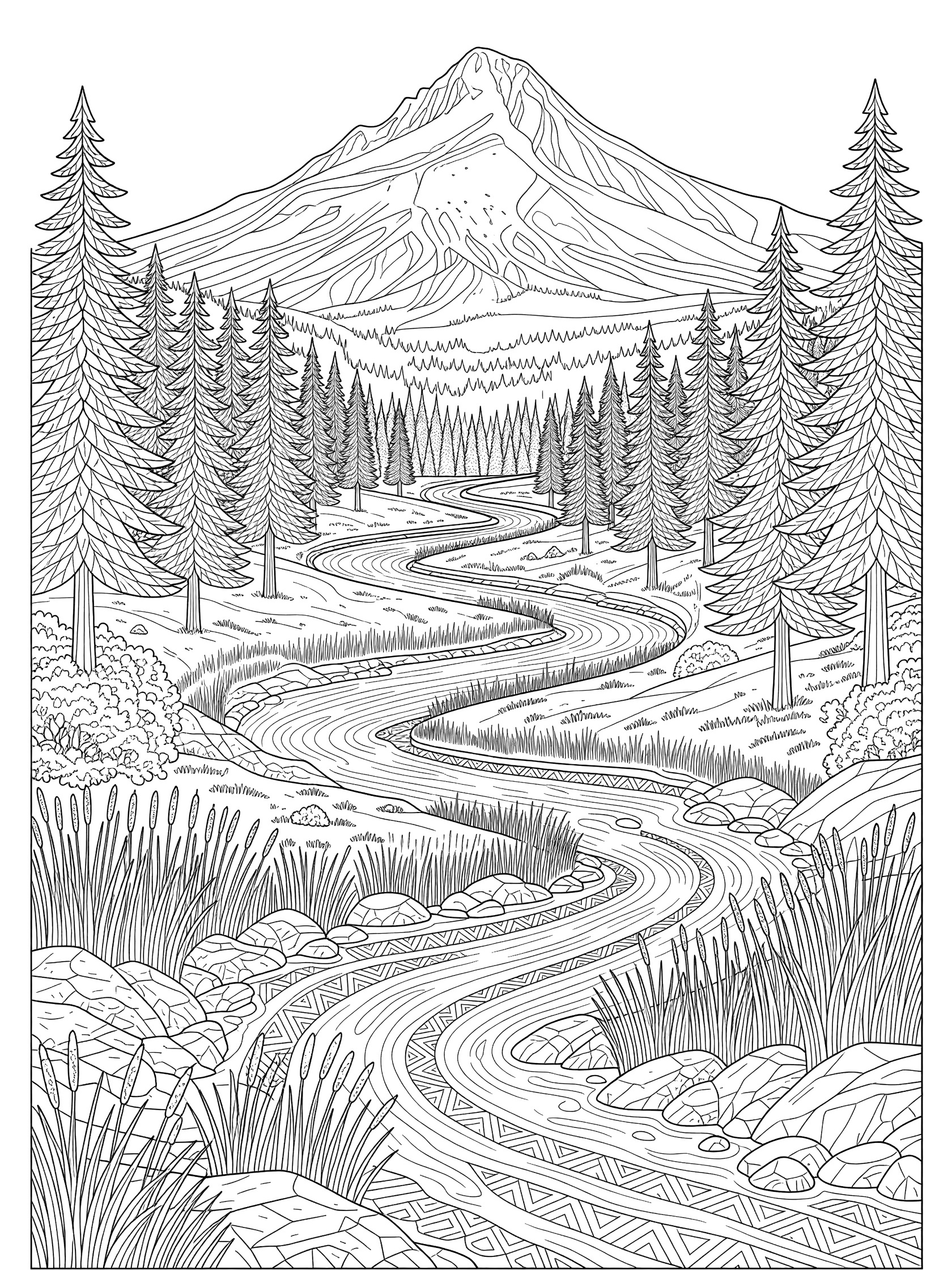 Black and white line art coloring page showing a prominent mountain peak centered above a winding river with rocky banks, reeds, and pine trees on both sides. Mount Hood themed black and white printable line art