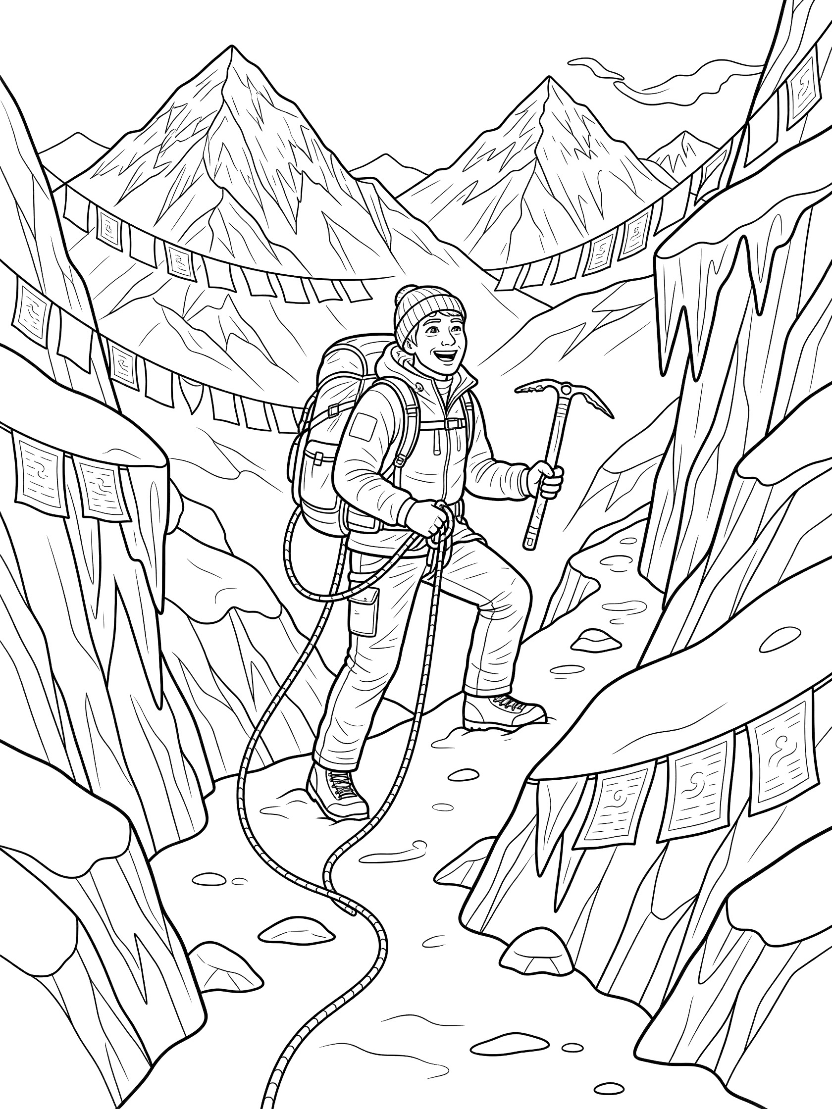 Black and white line art coloring page of smiling mountaineer with backpack and ice axe hiking up snowy mountain path between ice cliffs with prayer flags and rope. Mount Everest themed black and white printable line art