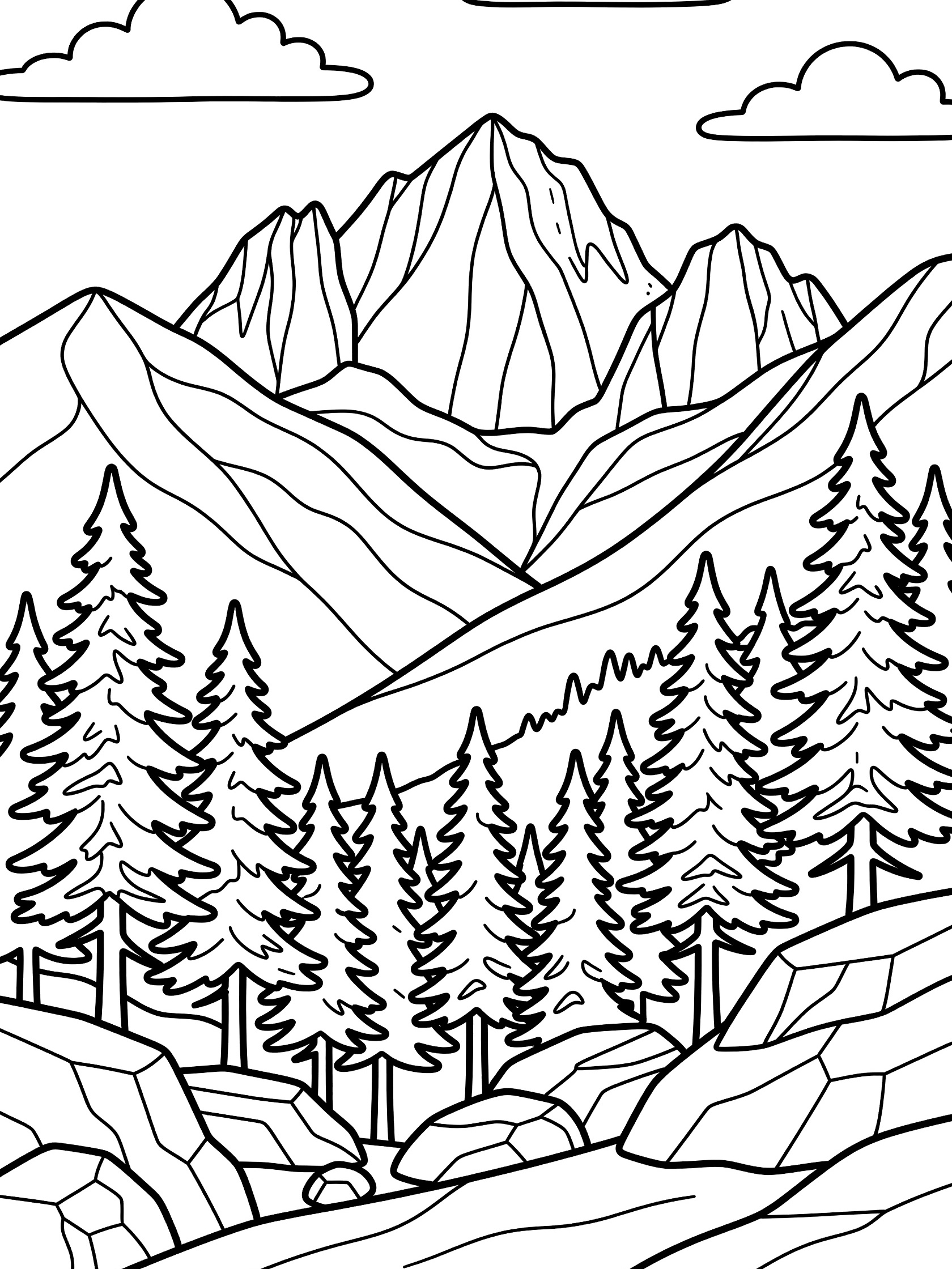 Black and white line art coloring page showing tall jagged mountains with pine trees in front, rocks at the base, and fluffy clouds in the sky. Mount Whitney themed black and white printable line art