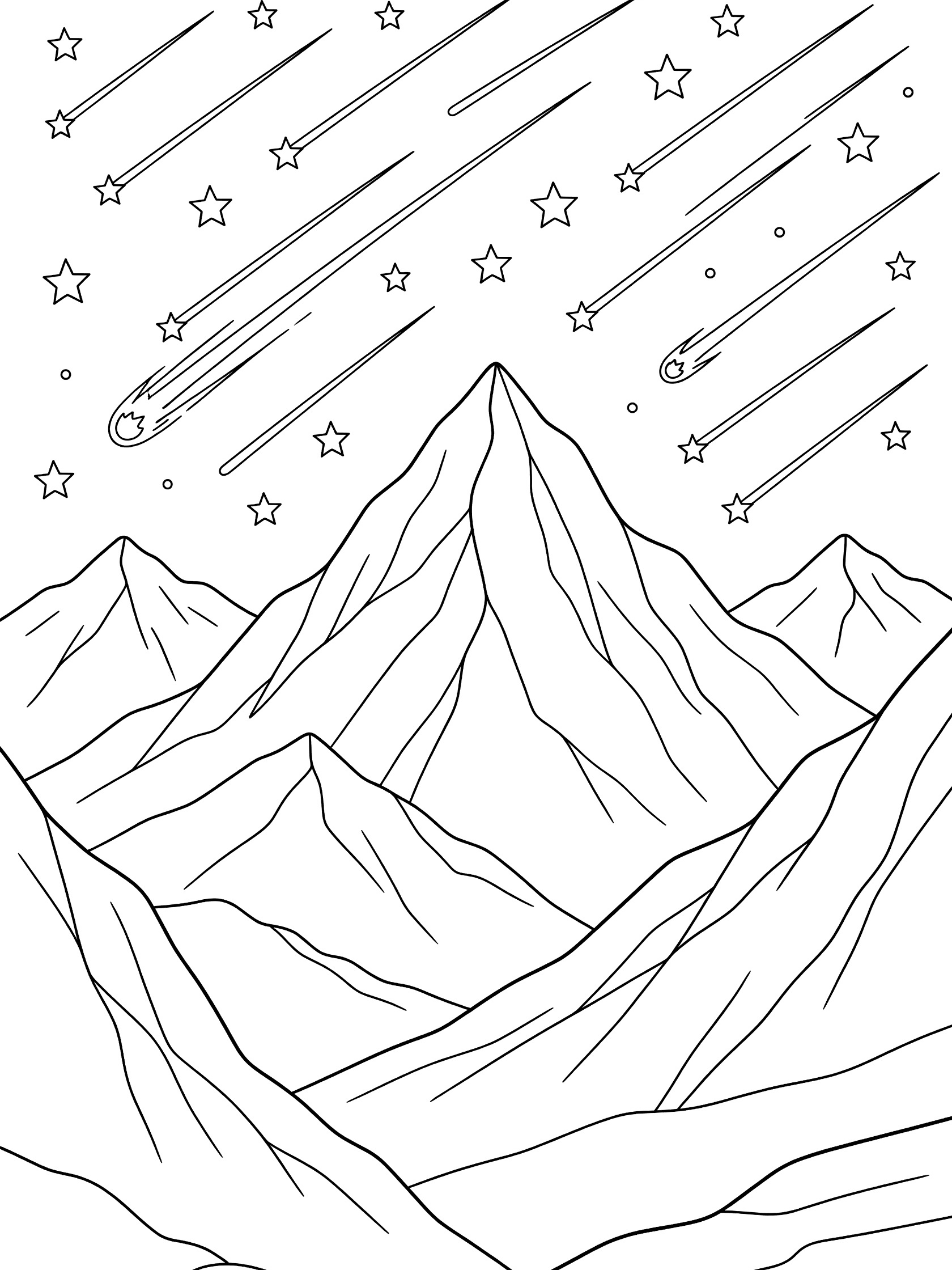 Black and white line art coloring page showing a row of tall jagged mountains under a sky filled with shooting stars and trailing meteors. Meteor Shower themed black and white printable line art