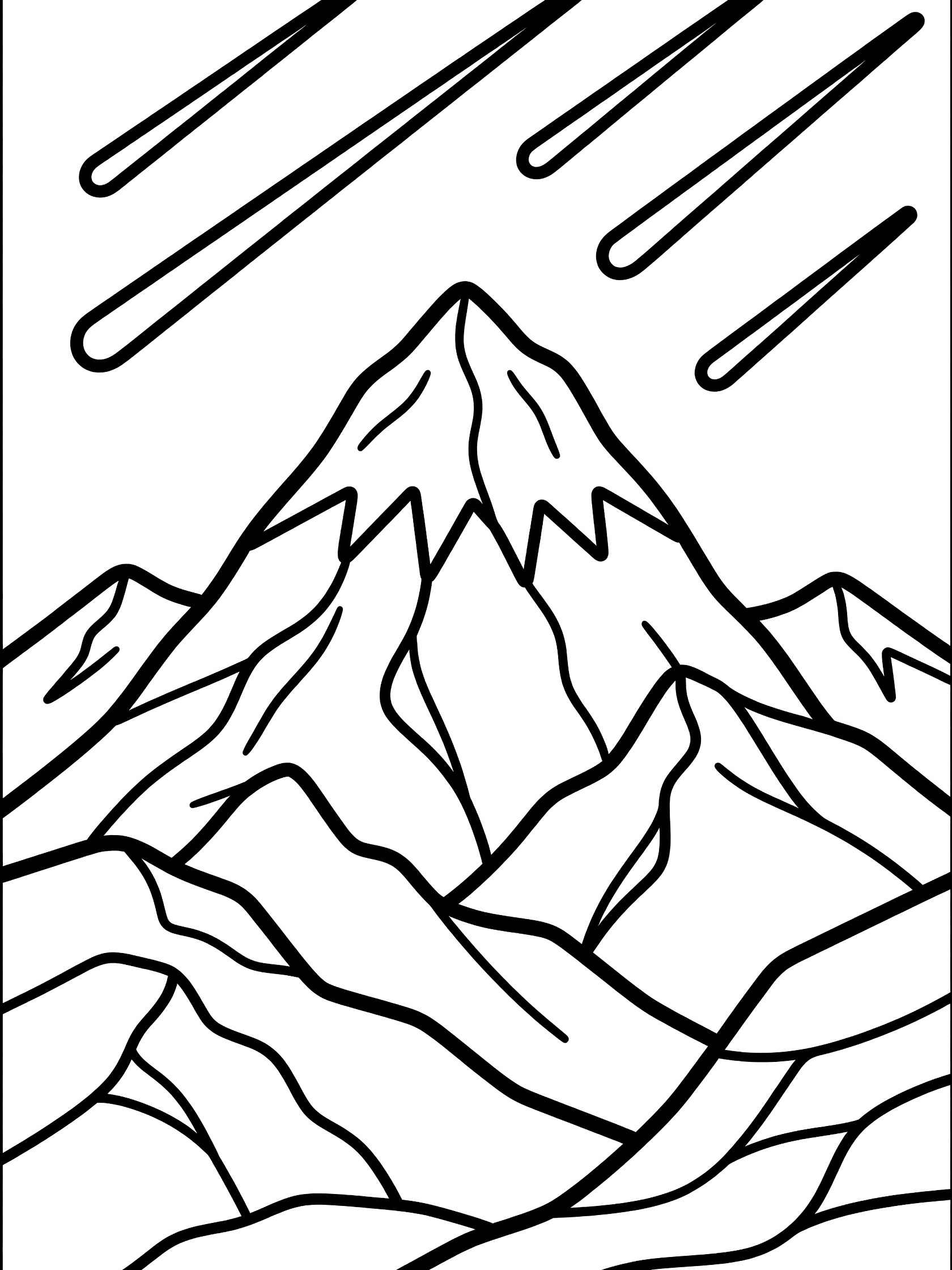 Black and white line art coloring page showing a tall central mountain peak with snow top, surrounded by smaller mountains, and several shooting stars streaking across the sky. Meteor Shower themed black and white printable line art