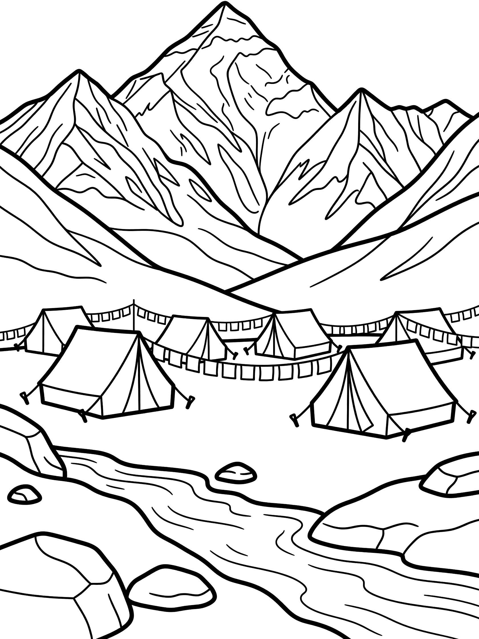 Black and white line art coloring page of a tall mountain with tents, prayer flags, rocks, and a stream in the foreground. Mount Everest themed black and white printable line art