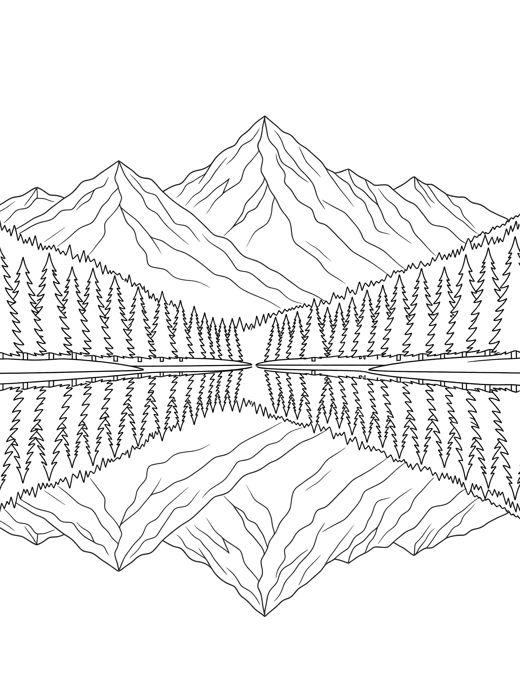 Black and white line drawing of jagged mountains topped with snow, evergreen trees on slopes, and exact reflection in calm lake water below, coloring book style. Mountain Lakes themed black and white printable line art