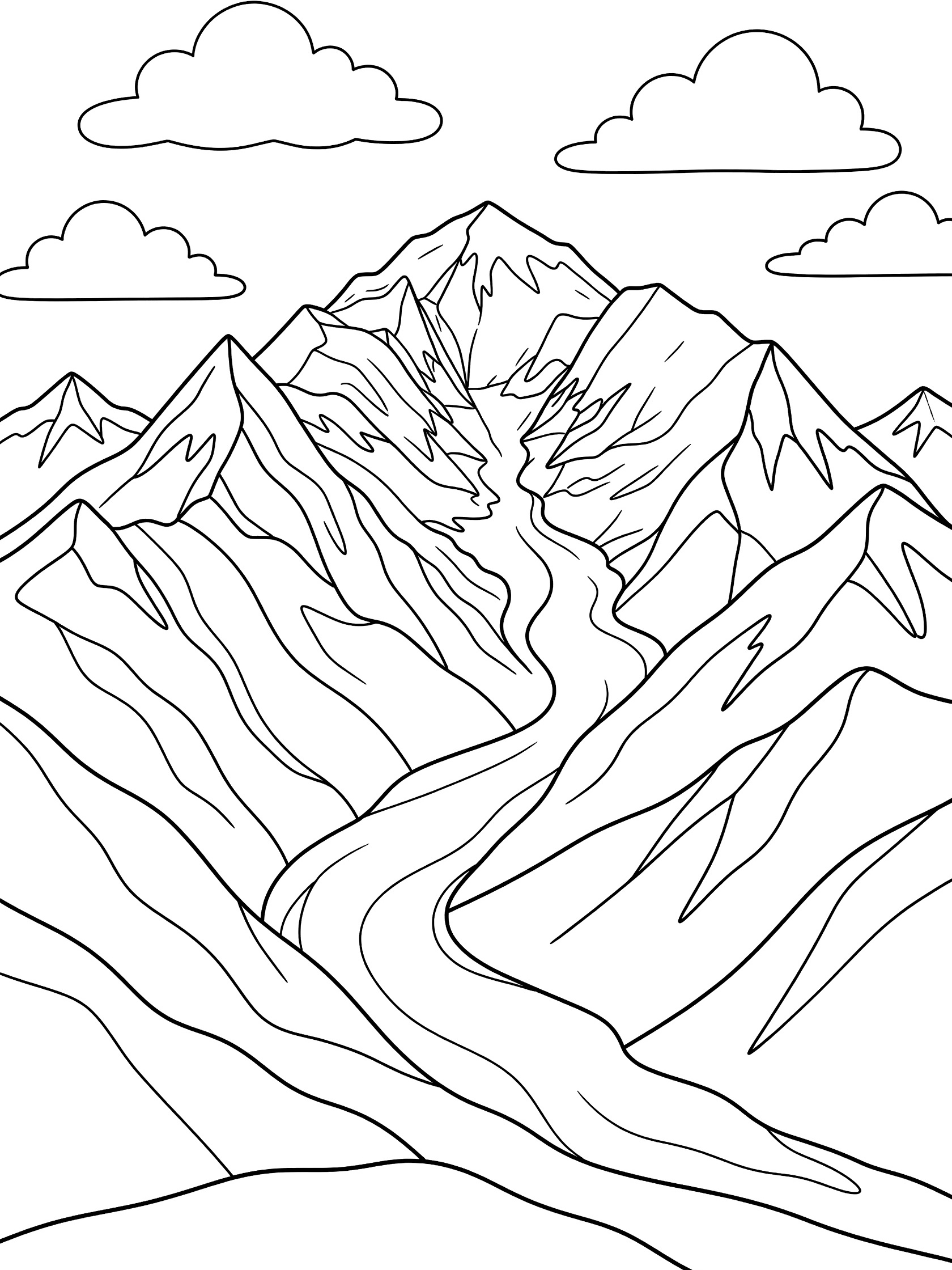 Black and white line art coloring page showing a tall snow-capped mountain peak with glaciers, surrounded by jagged mountains, a winding river in the valley, and fluffy clouds in the sky. Mont Blanc themed black and white printable line art