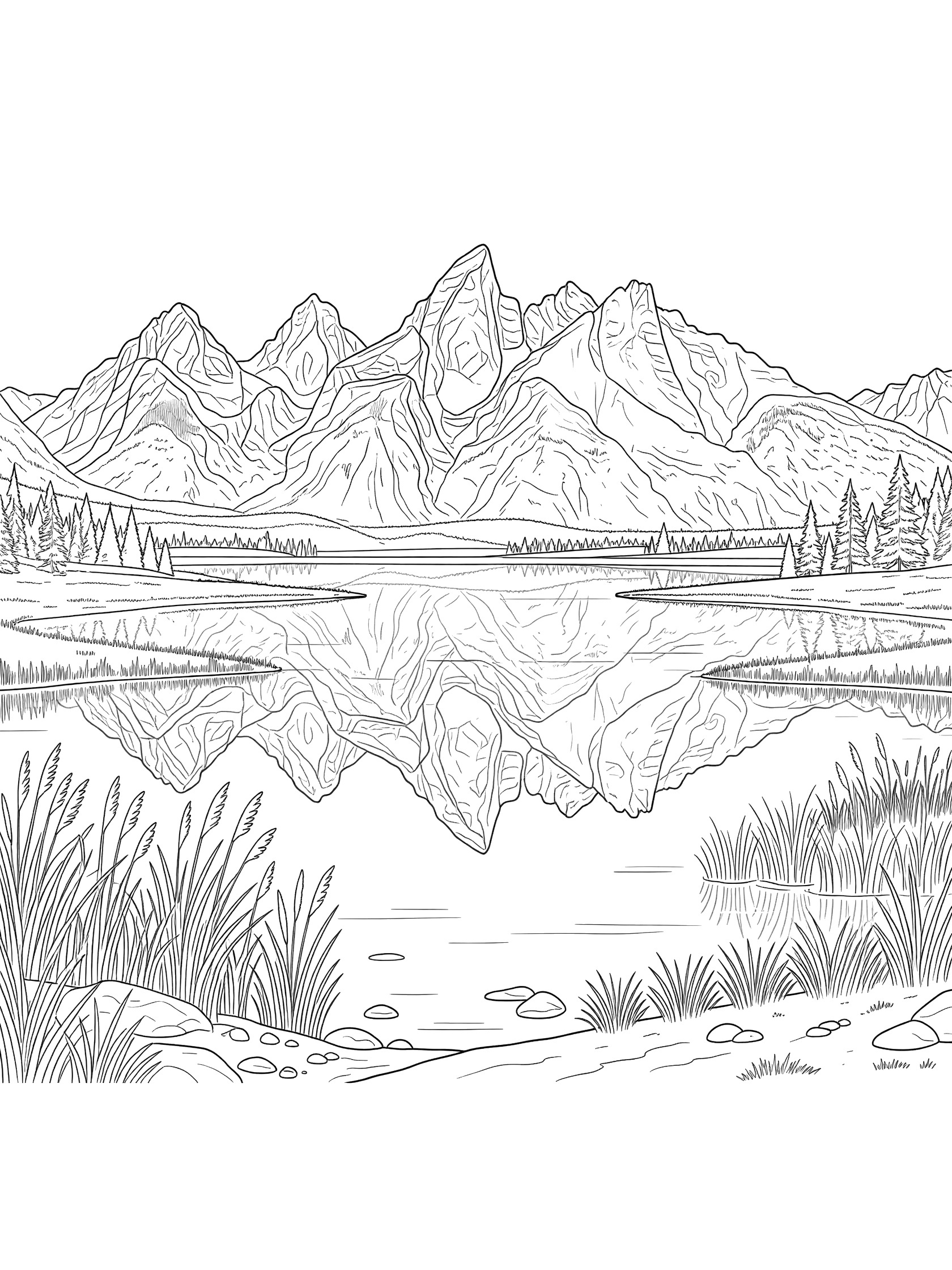 Black and white line art coloring page of jagged mountains mirrored perfectly in a smooth lake, with reeds and rocks in the foreground and pine trees on distant shores. Grand Teton themed black and white printable line art
