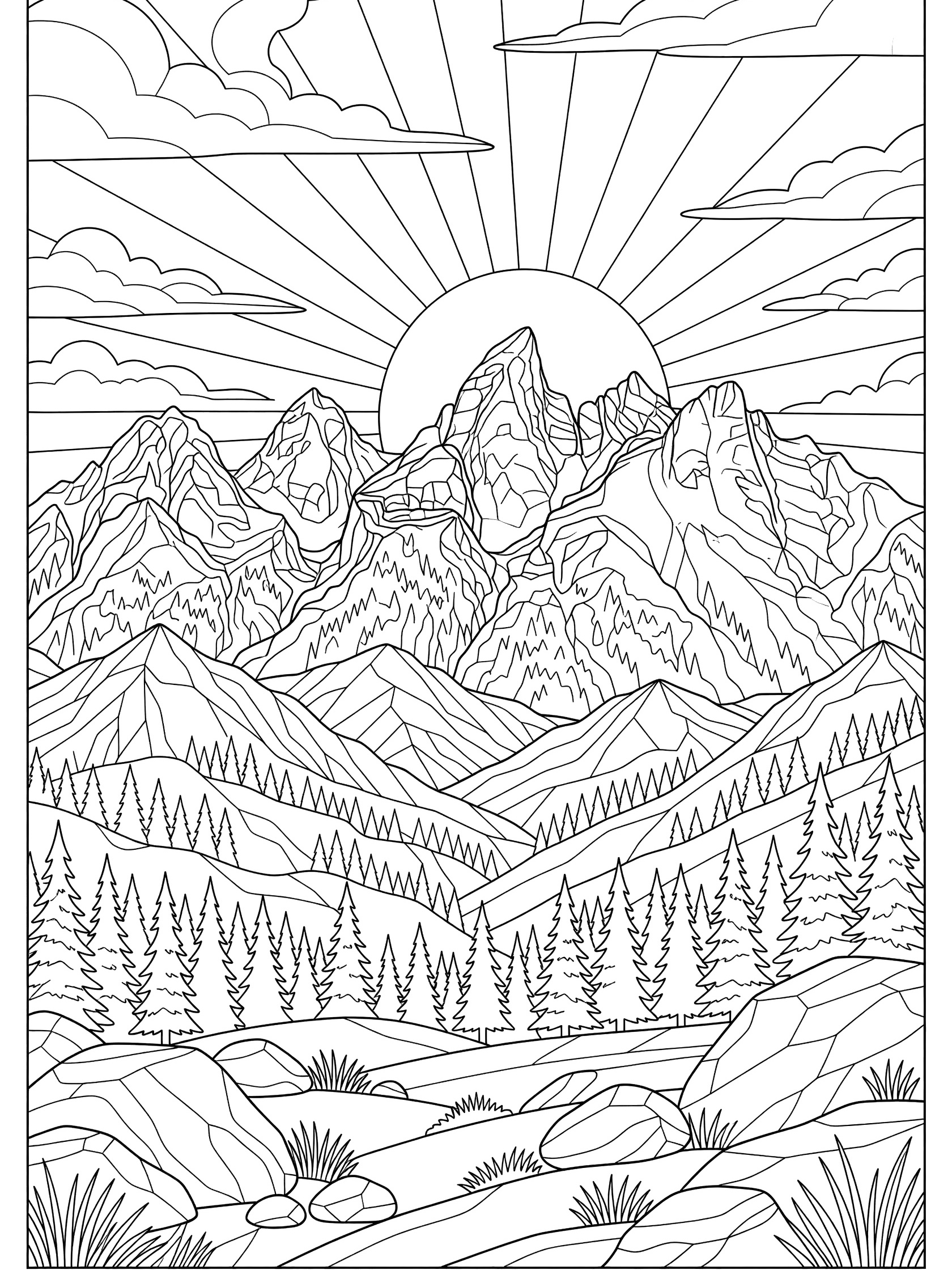 Black and white line art coloring page showing layered mountain peaks with a geometric sunrise sun behind, pine trees in the valleys, foreground rocks and grass tufts, and cloud shapes. Grand Teton themed black and white printable line art
