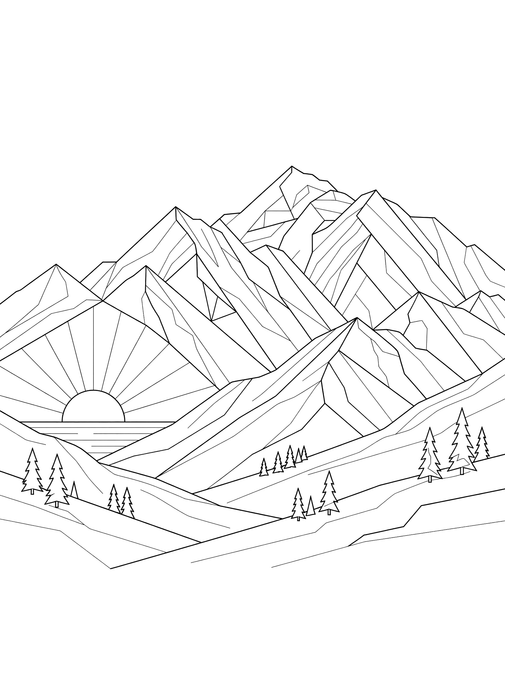 Black and white line art coloring page of geometric mountains with layered peaks under a rising sun with rays, pine tree silhouettes, and rolling hills. Denali themed black and white printable line art