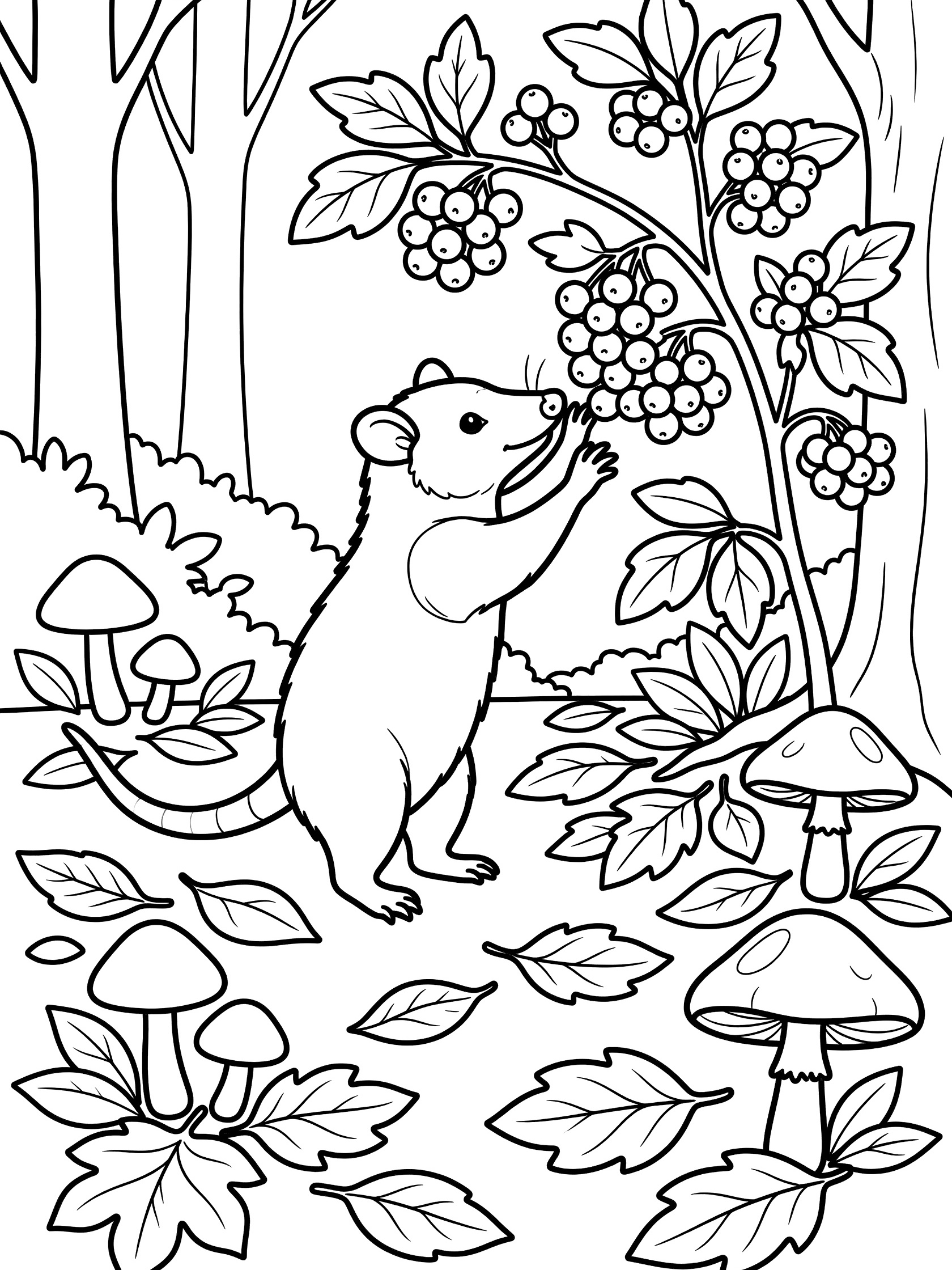 Black and white line art coloring page showing a mouse reaching up to eat berries on a bush in the forest with trees, fallen leaves, and mushrooms. Opossum themed black and white printable line art
