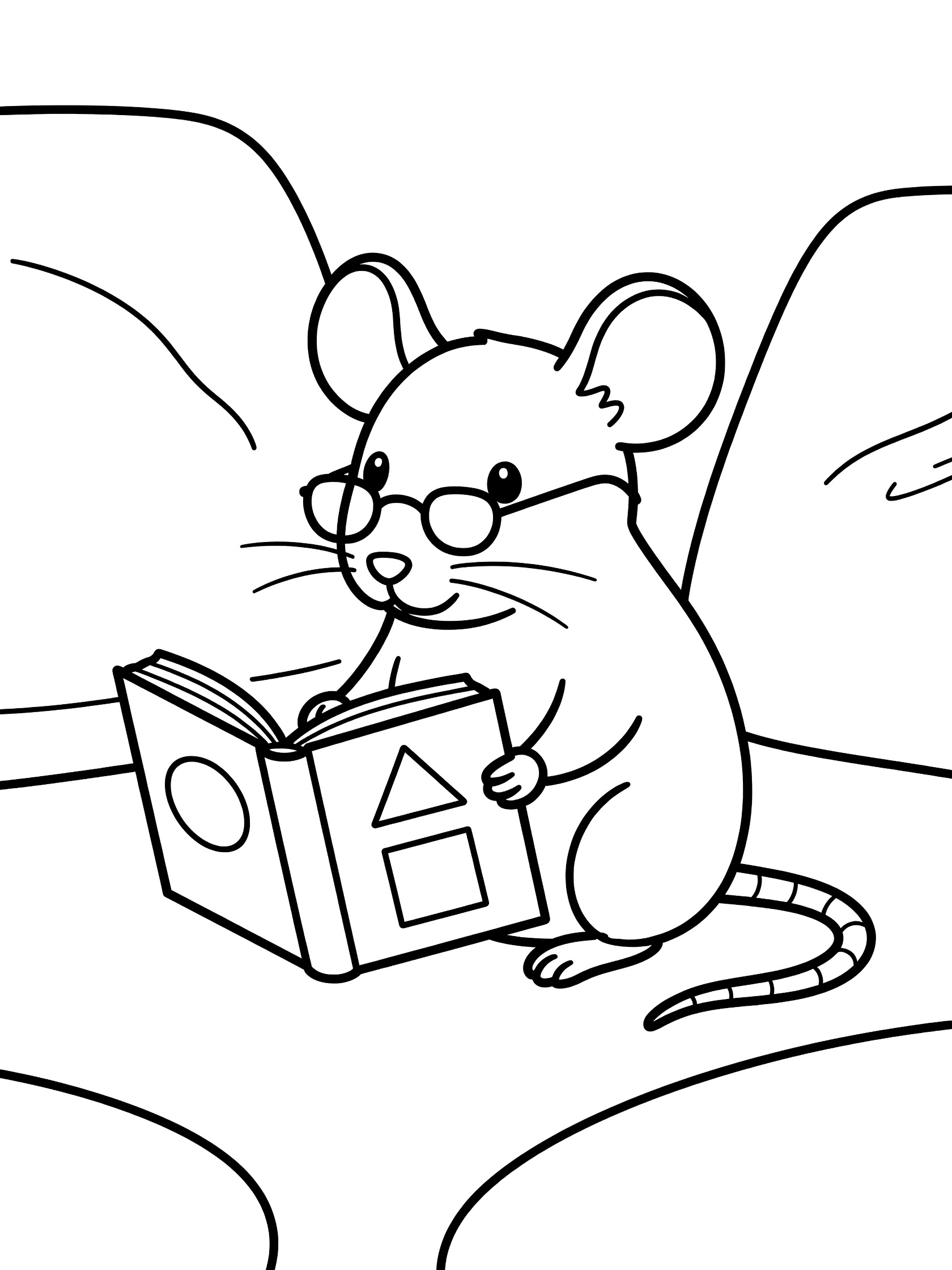Black and white line art coloring page showing a mouse wearing glasses, holding and reading a small open book with shapes inside, sitting on a cushy spot.