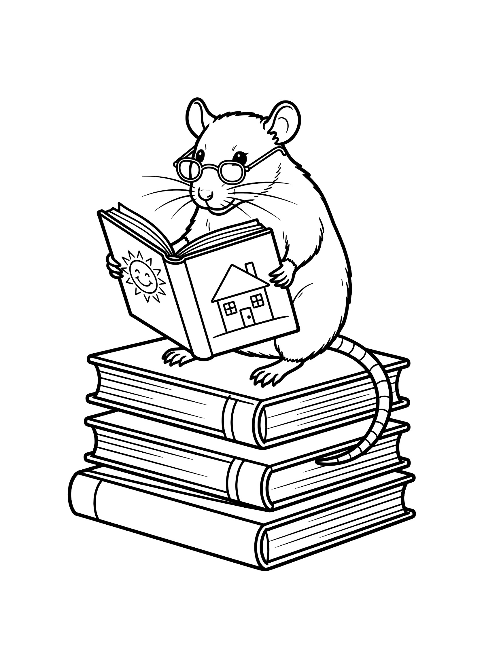 Black and white line art coloring page showing a mouse wearing glasses, reading a book with sun and house drawings inside, sitting on stacked books. Rat themed black and white printable line art