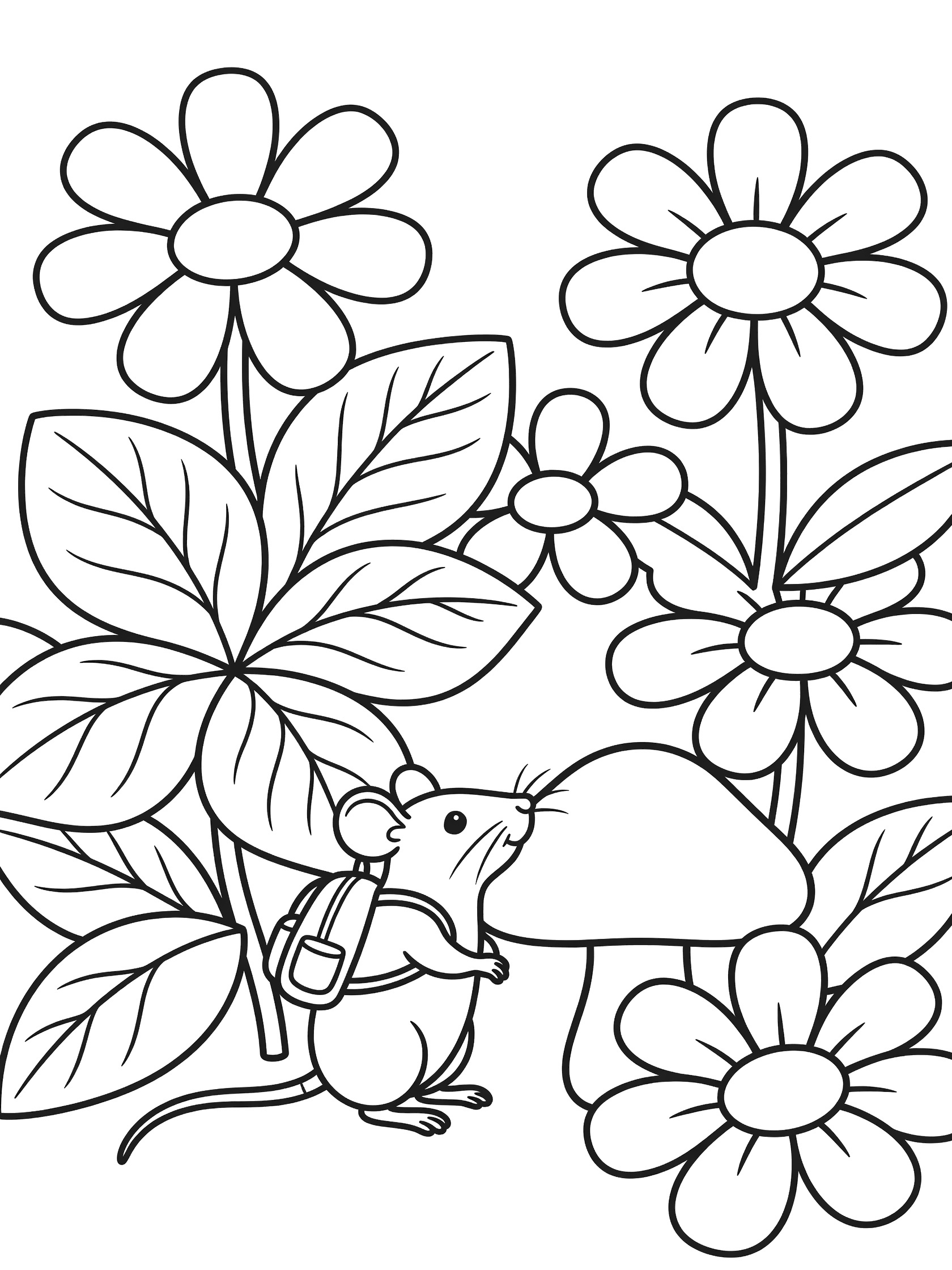 Black and white line art coloring page showing a small mouse wearing a backpack, peeking at a mushroom, with daisies and large leaves around it.
