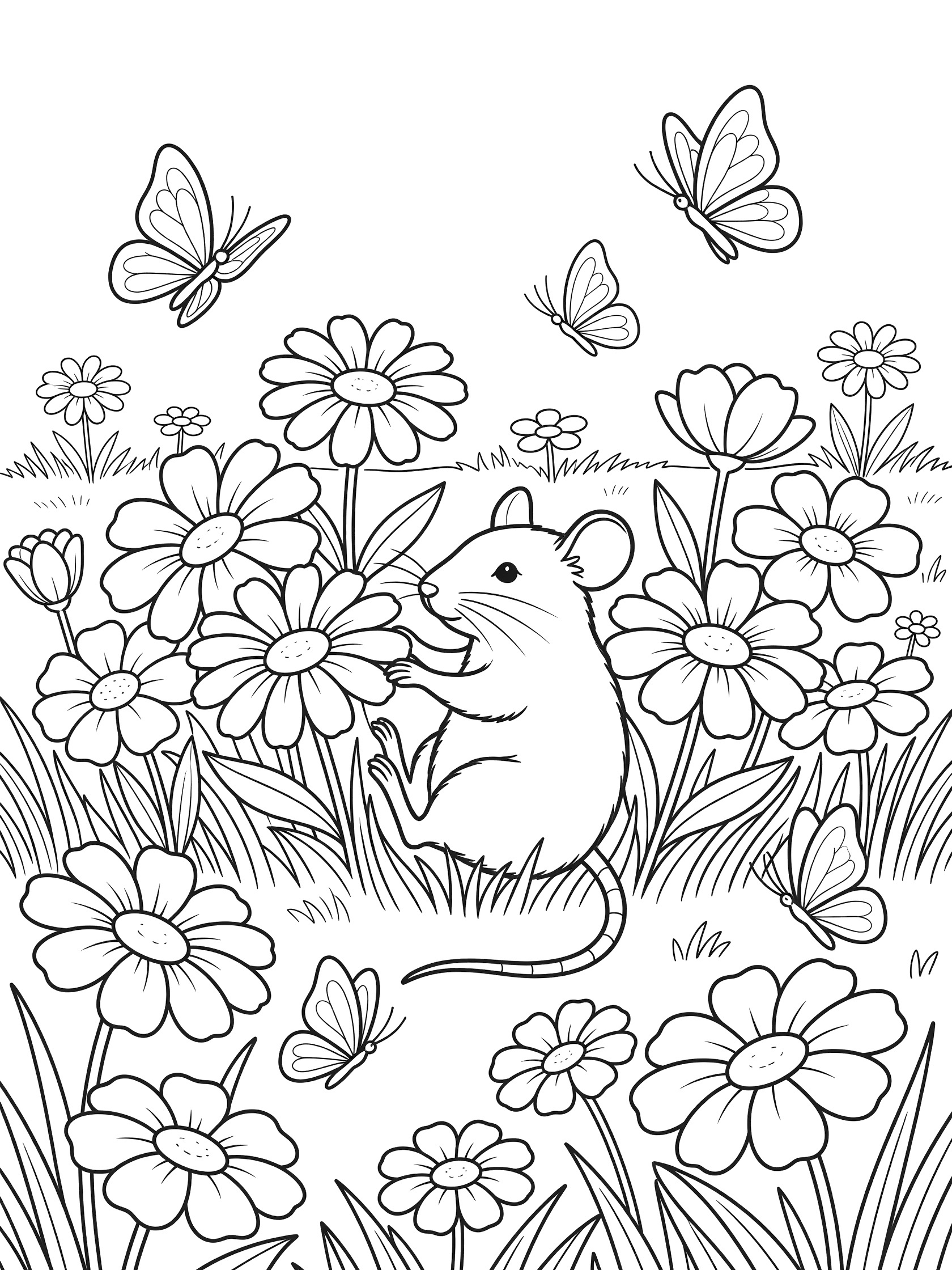 Black and white line art coloring page showing a mouse holding a daisy surrounded by flowers and butterflies in a meadow.