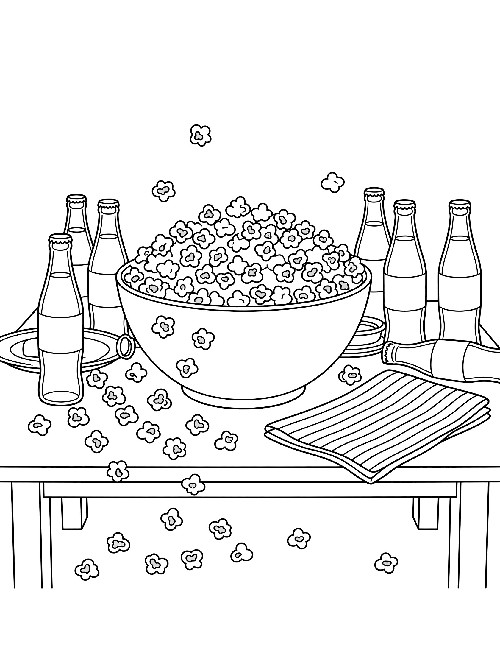 Black and white line art of overflowing popcorn bowl on table with scattered popcorn, soda bottles, and napkin for coloring