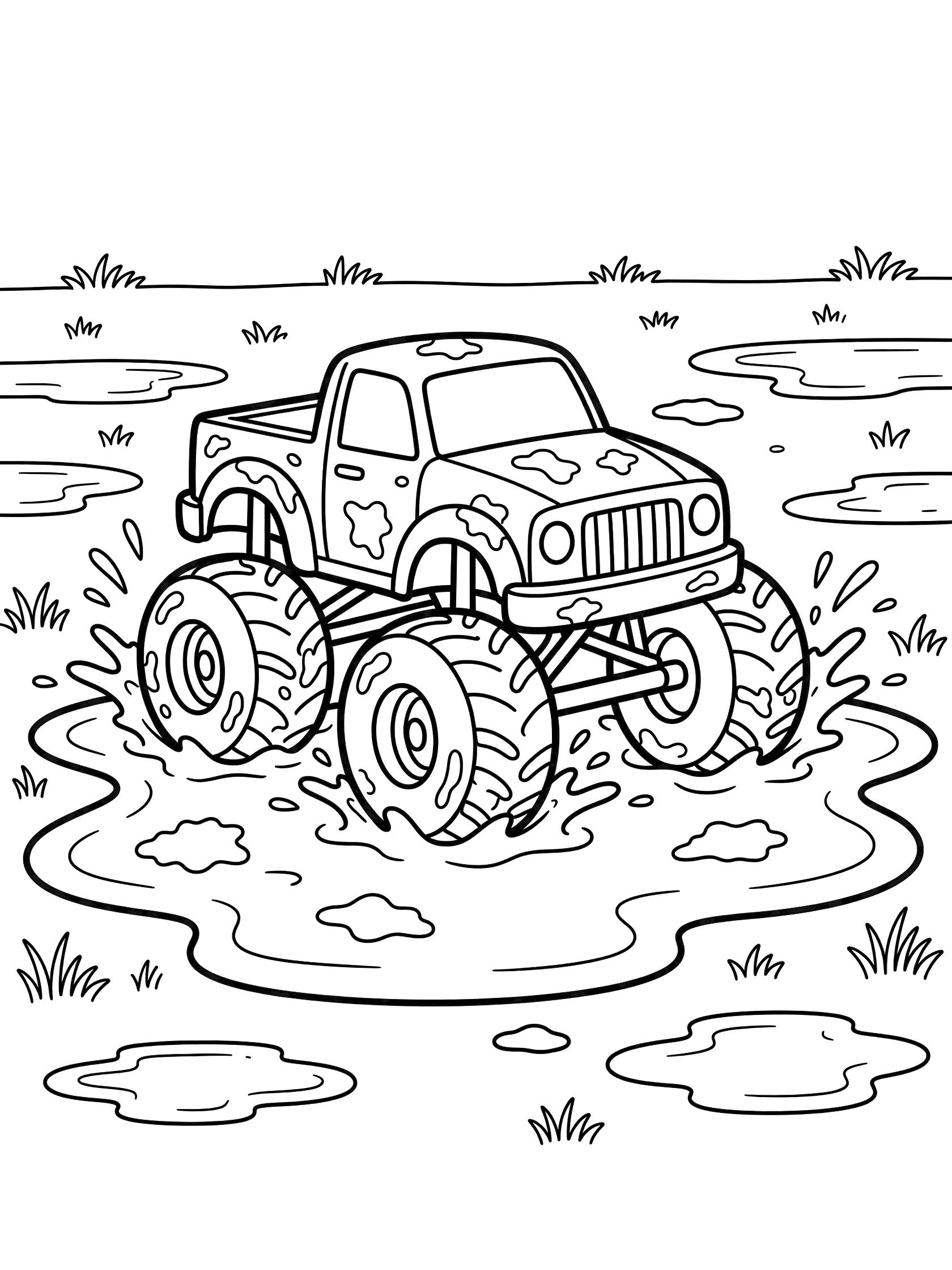 Black and white line art coloring page showing a monster truck driving through a large muddy puddle, with huge tires splashing mud, smaller puddles around, and grass patches.