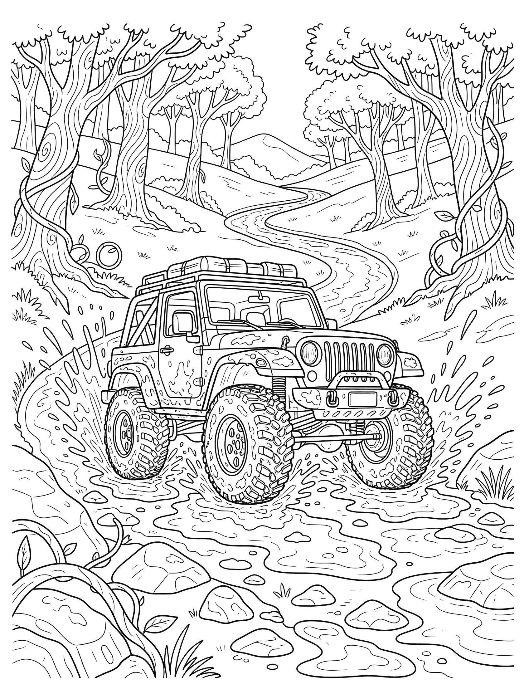 Black and white line art of a jeep with oversized knobby tires splashing through mud puddles on a rocky trail surrounded by twisted trees and vines.