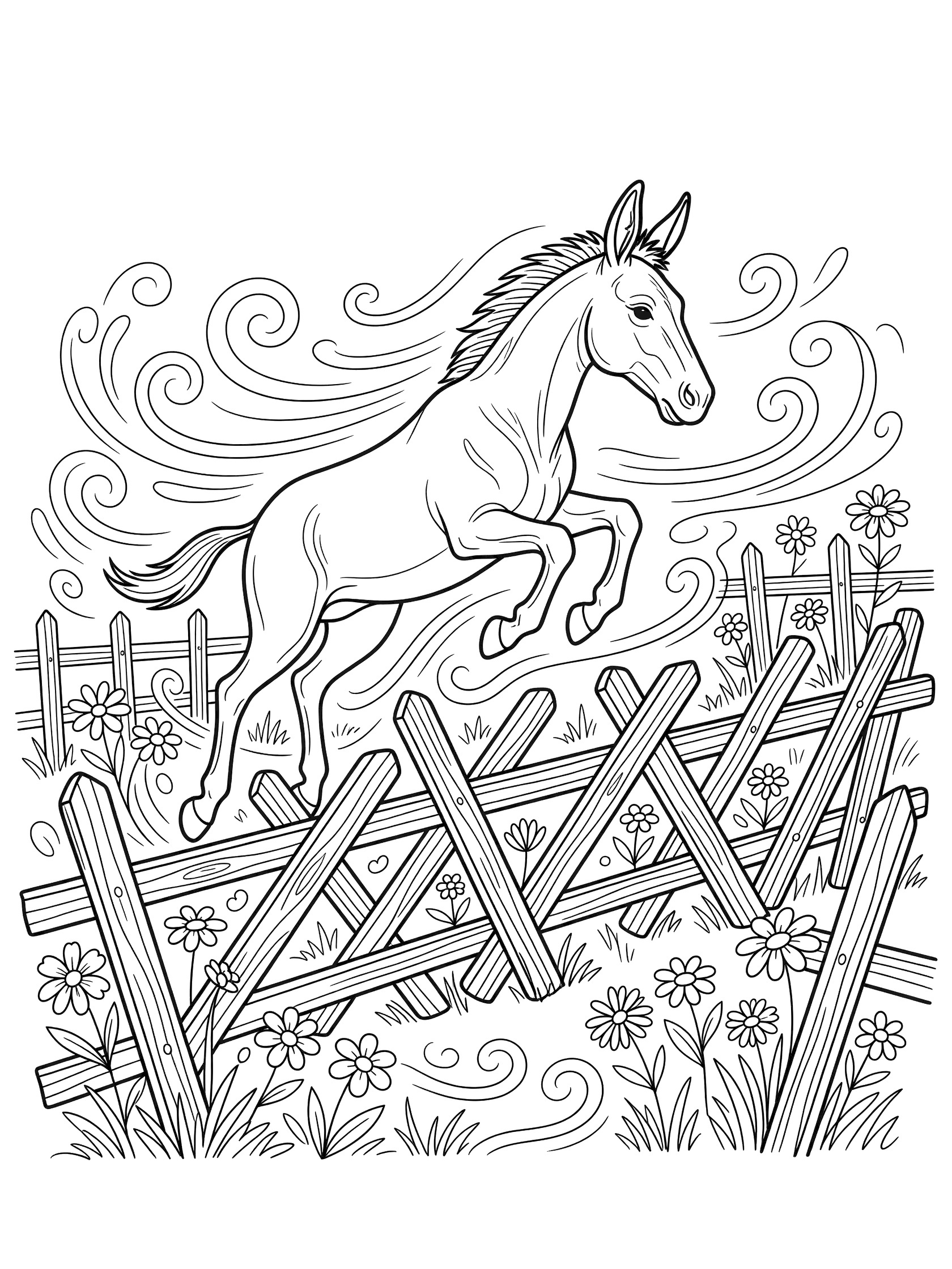 Black and white line art coloring page showing a mule jumping high over a zigzag wooden farm fence, surrounded by swirling wind lines and simple flowers. Mules themed black and white printable line art