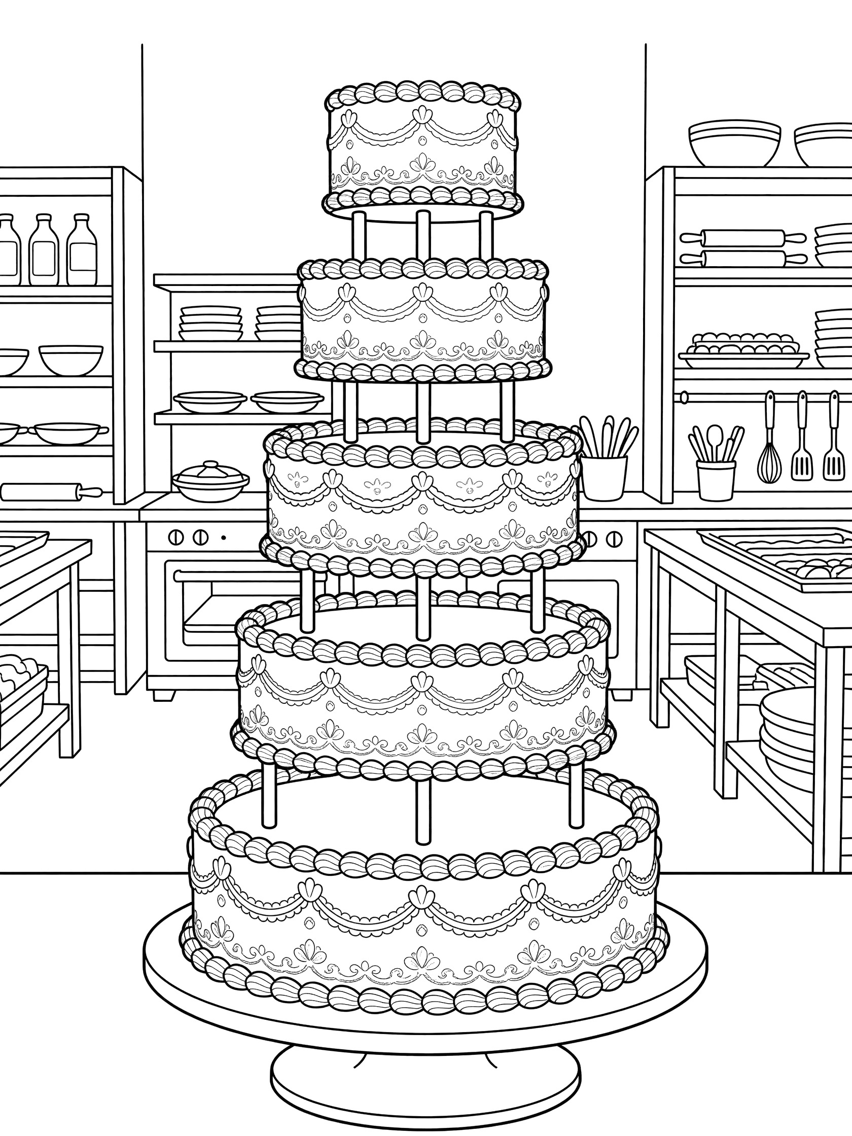 Printable coloring page of a five-tiered wedding cake with pillars and delicate edges on a turntable, surrounded by bakery shelves, bowls, and utensils.