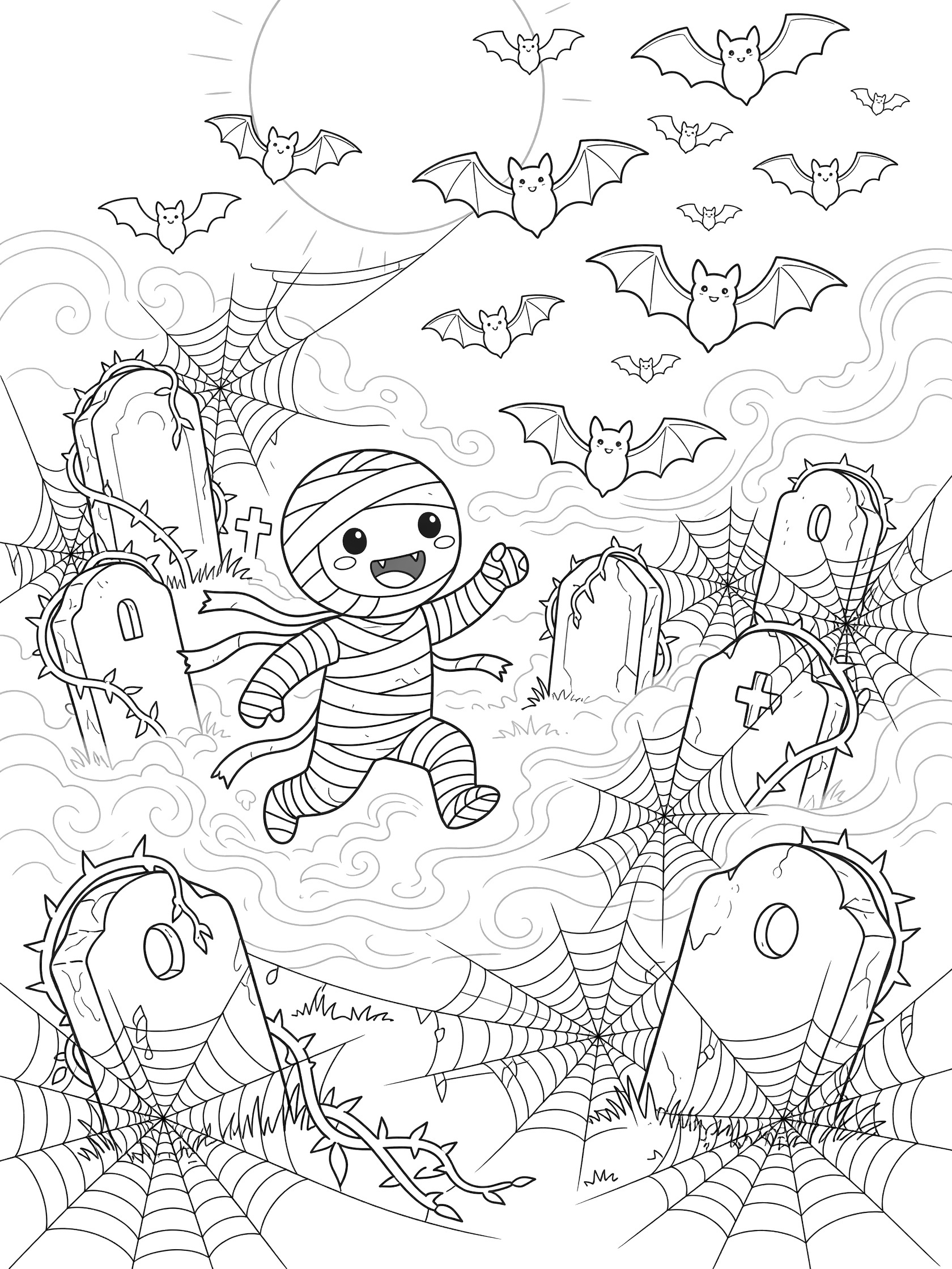 Kawaii mummy chasing fluttering bats around crooked tombstones and spiderwebs in a Halloween graveyard under full moon, line art coloring page