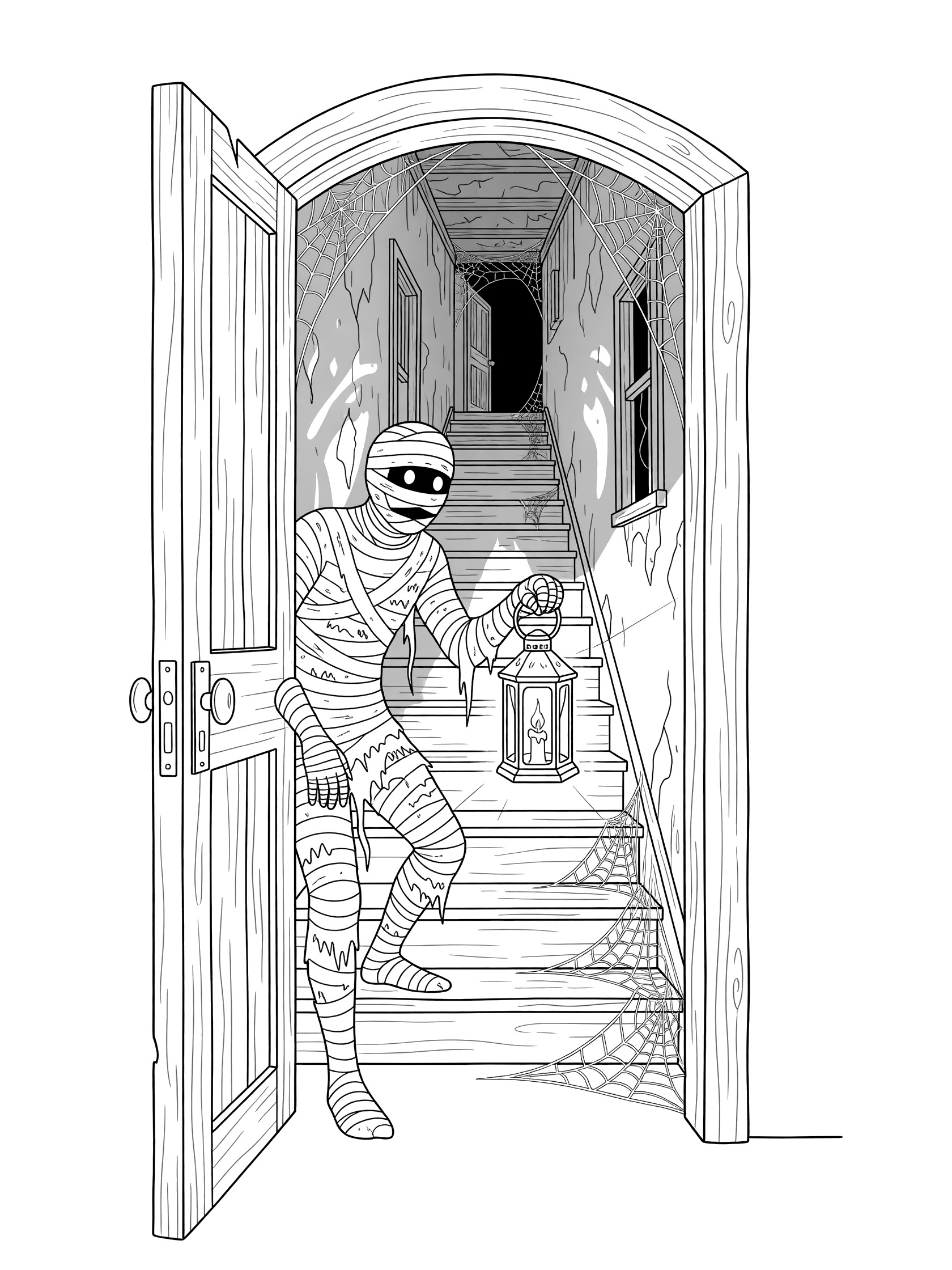 Black-and-white line art of a mummy holding a lantern entering a haunted house with stairs, cobwebs, and shadows for kids to color
