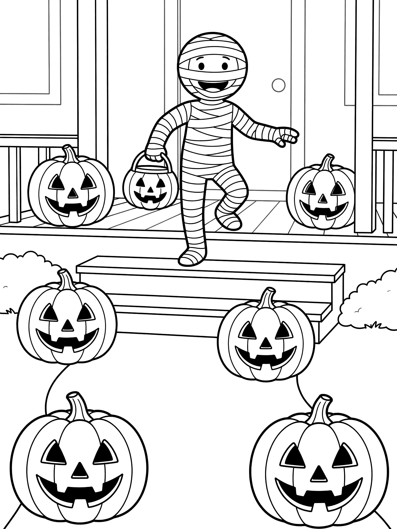 Black and white line art of a happy mummy trick-or-treating, climbing porch steps holding a pumpkin basket, surrounded by jack-o-lanterns on Halloween night.