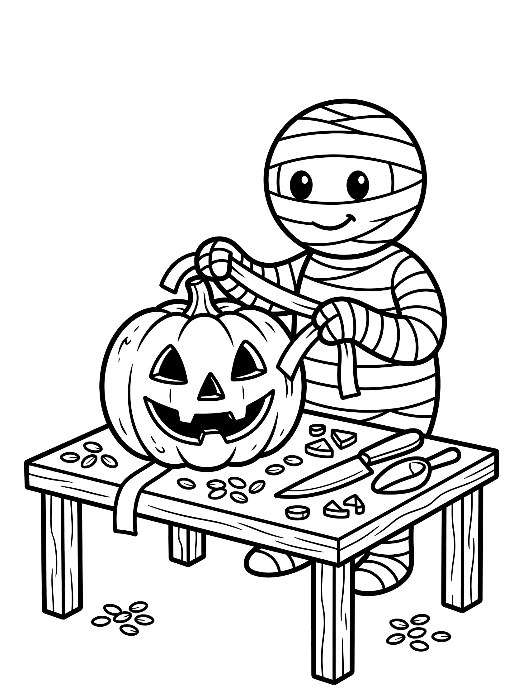 Cute mummy with bandages wrapping a smiling jack-o-lantern pumpkin on a table with scattered seeds and carving tools, Halloween coloring page