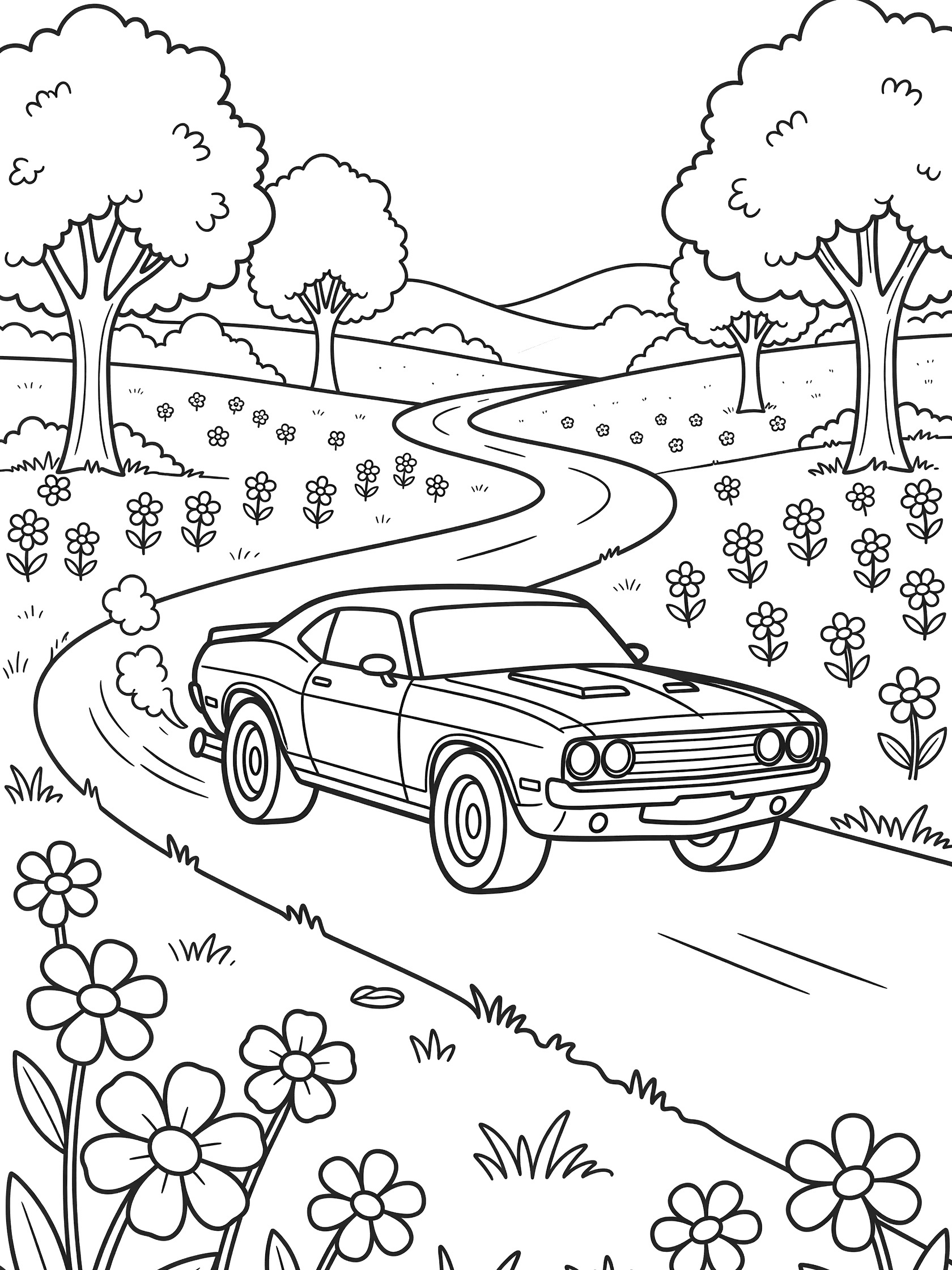 Black and white line drawing of a muscle car driving on a curvy road in a meadow with trees, flowers, hills, exhaust smoke, and speed lines