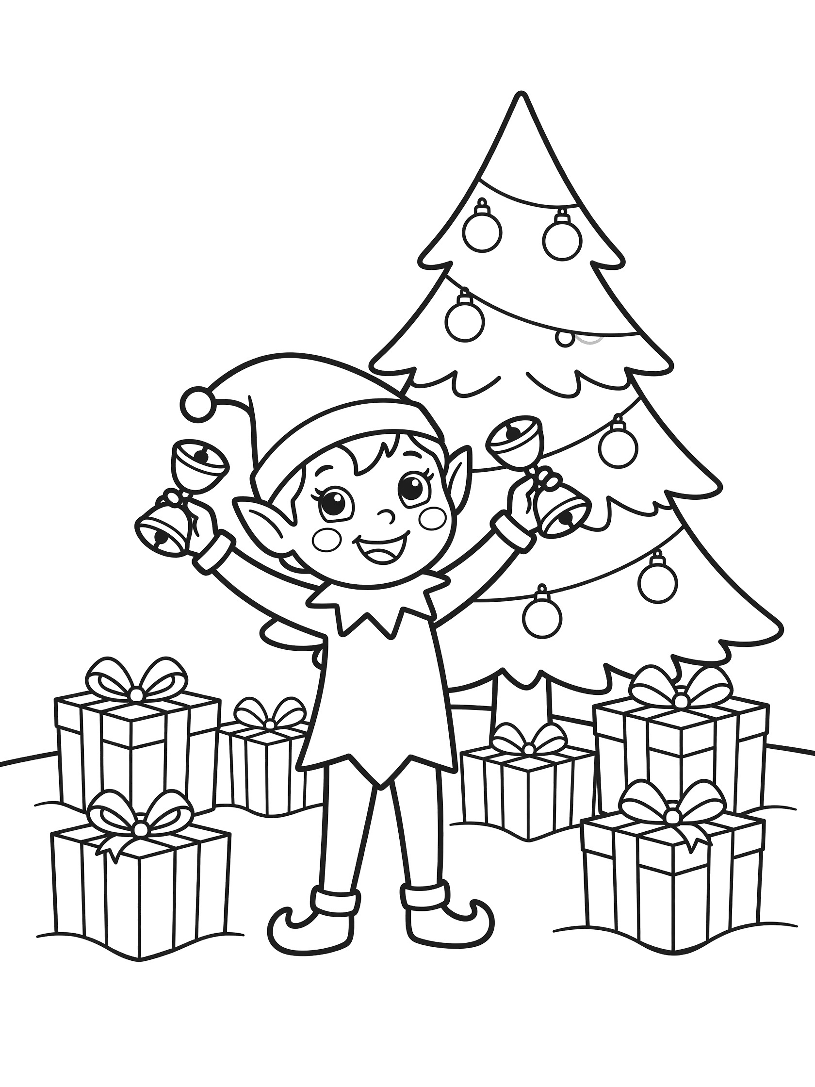 Black-and-white coloring page of a joyful cartoon elf in green outfit and pointy hat shaking bells beside a Christmas tree with ornaments and wrapped presents.