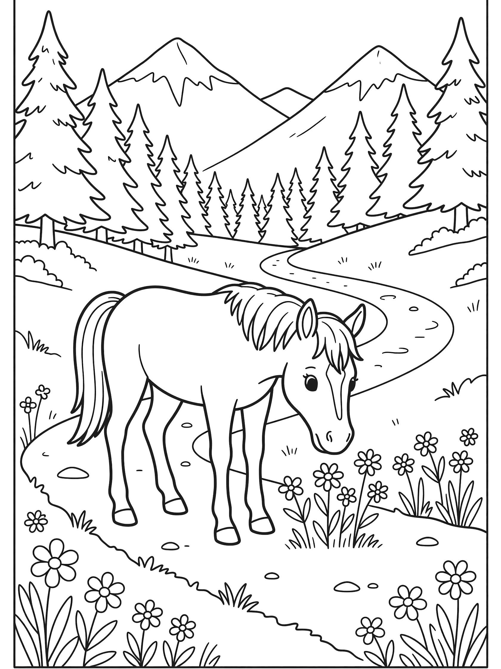 Cute cartoon mustang horse sniffing wildflowers near a winding mountain trail with pine trees and peaks, black and white line art coloring page