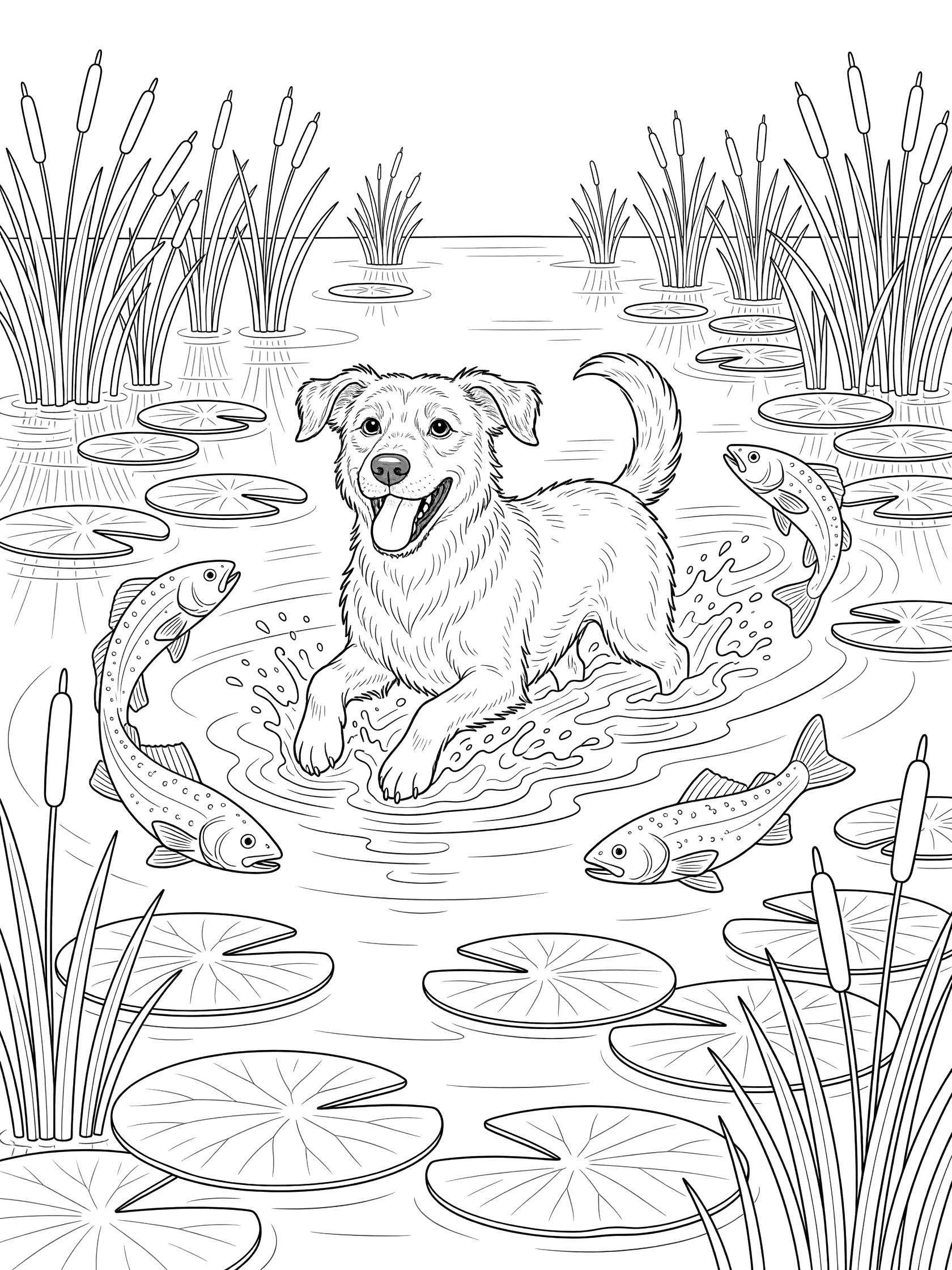 Black and white line art coloring page showing a mutt dog paddling happily in a pond surrounded by lily pads, reeds, and fish jumping out of the water. Mutts themed black and white printable line art