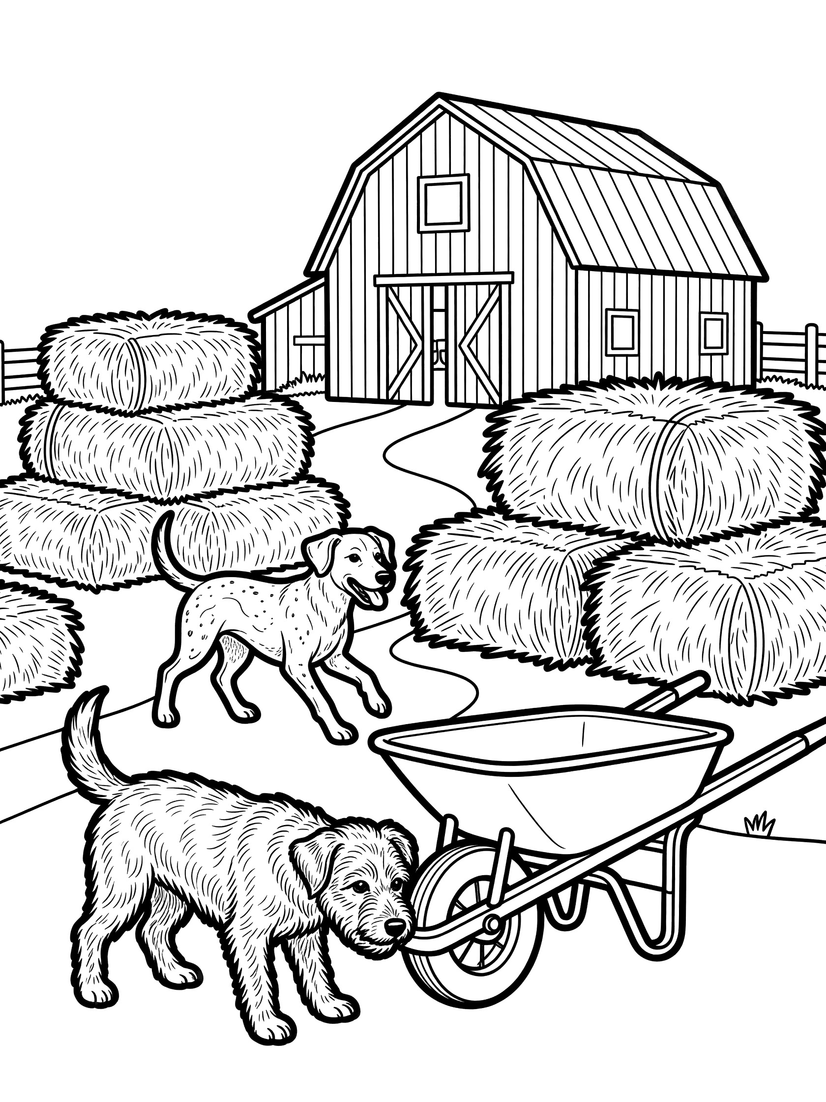 Black and white coloring page showing two mutt puppies exploring a farmyard with a red barn, hay bales, and wheelbarrow