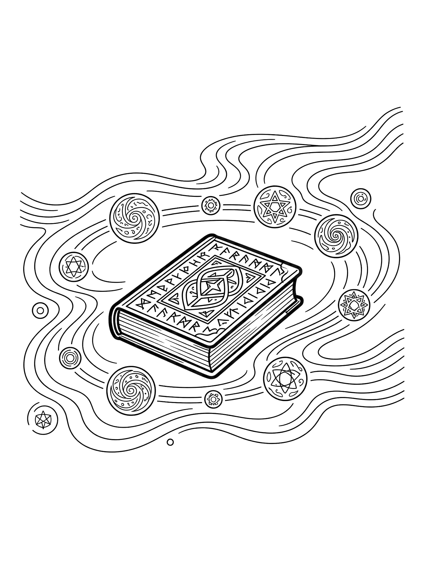Black and white line art coloring page showing a closed thick spellbook with intricate rune designs on the cover, magical orbs floating around it, and wavy energy lines, on a pure white background