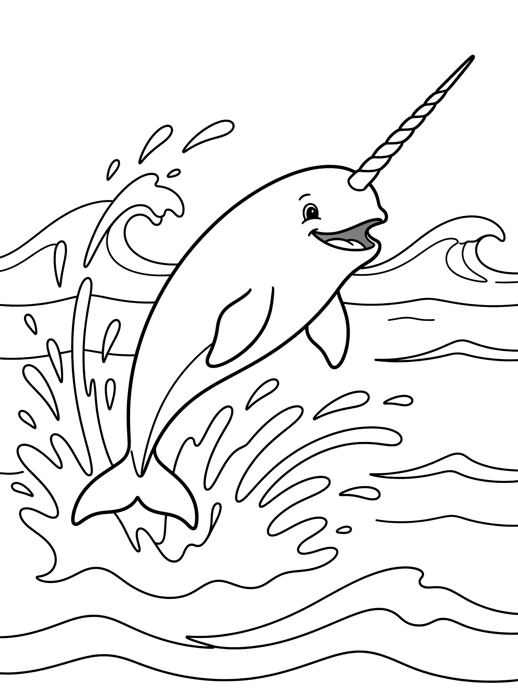 Black and white line art coloring page showing a narwhal jumping out of waves with water spray and ocean background.
